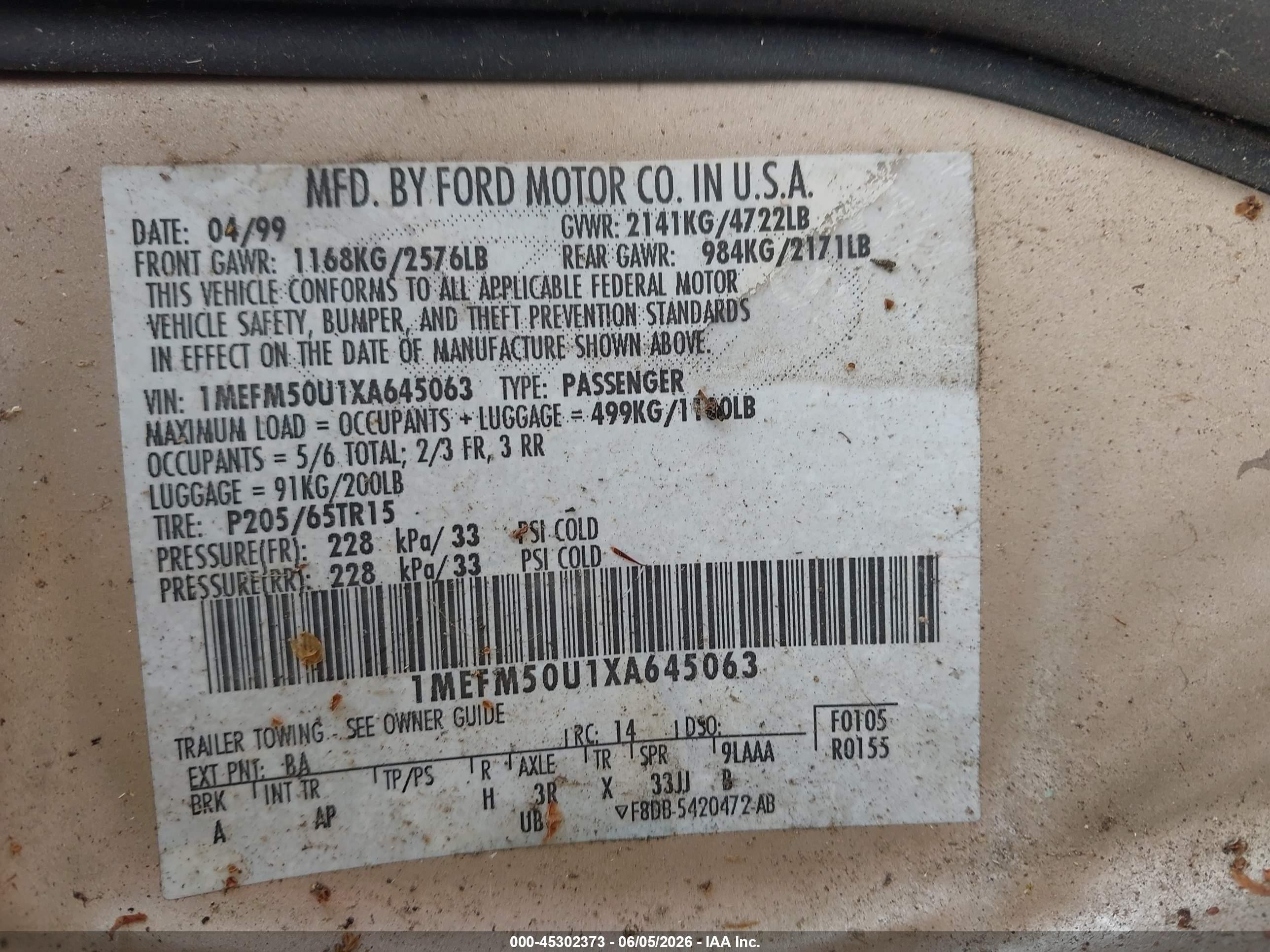 1999 Mercury Sable Gs Gold vin: 1MEFM50U1XA645063