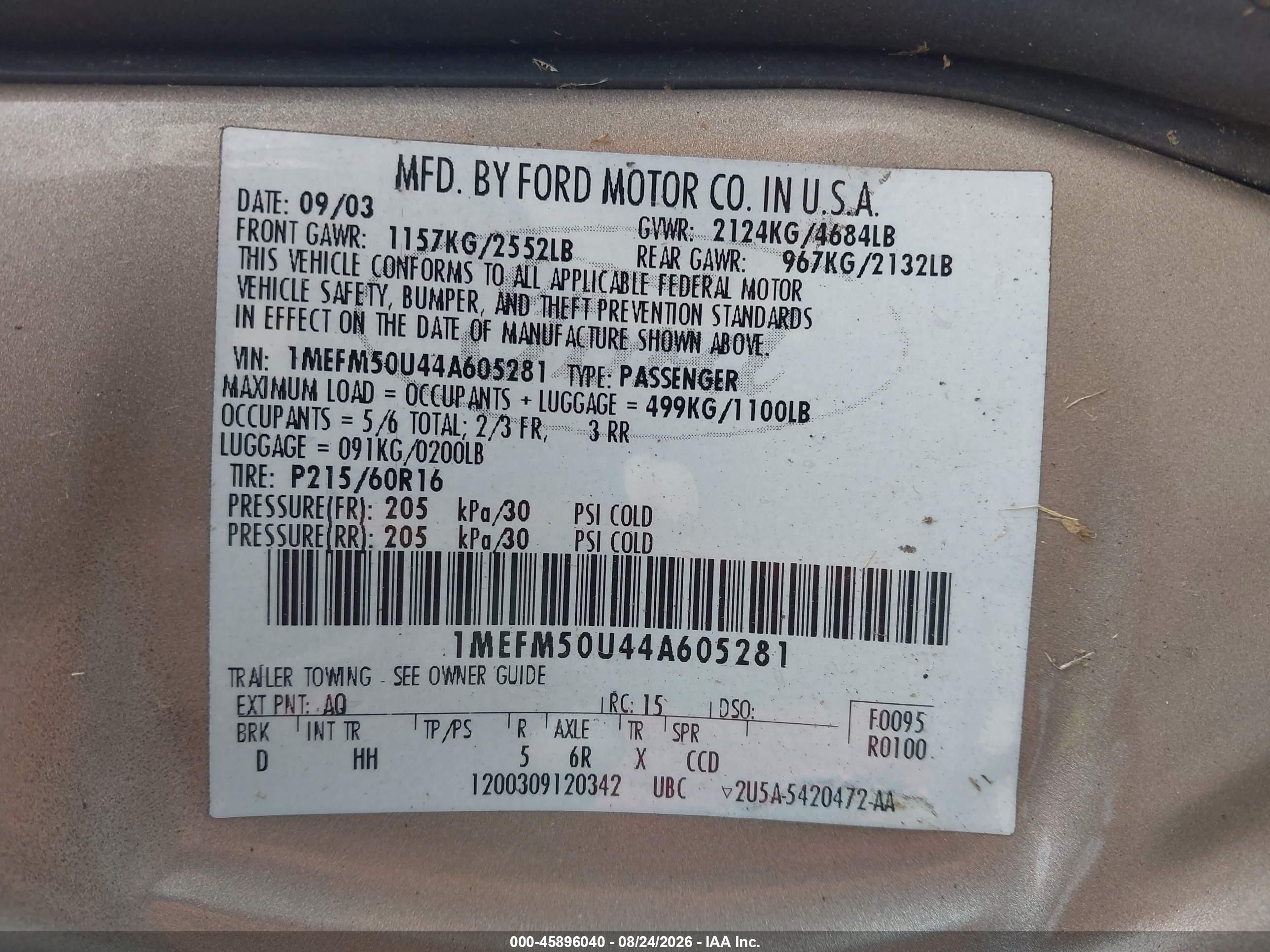 2004 Mercury Sable Gs Champagne vin: 1MEFM50U44A605281
