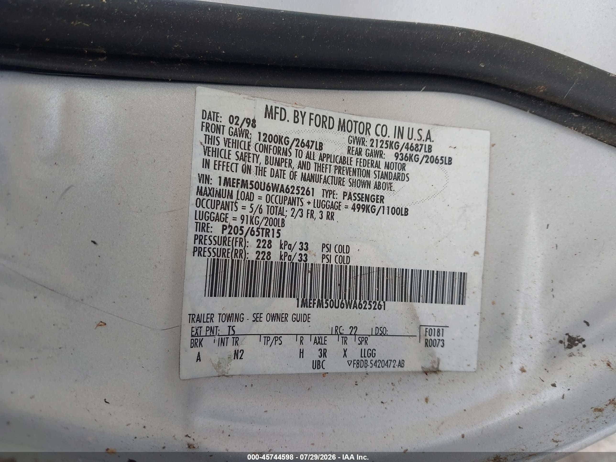 1998 Mercury Sable Gs/ls Silver vin: 1MEFM50U6WA625261