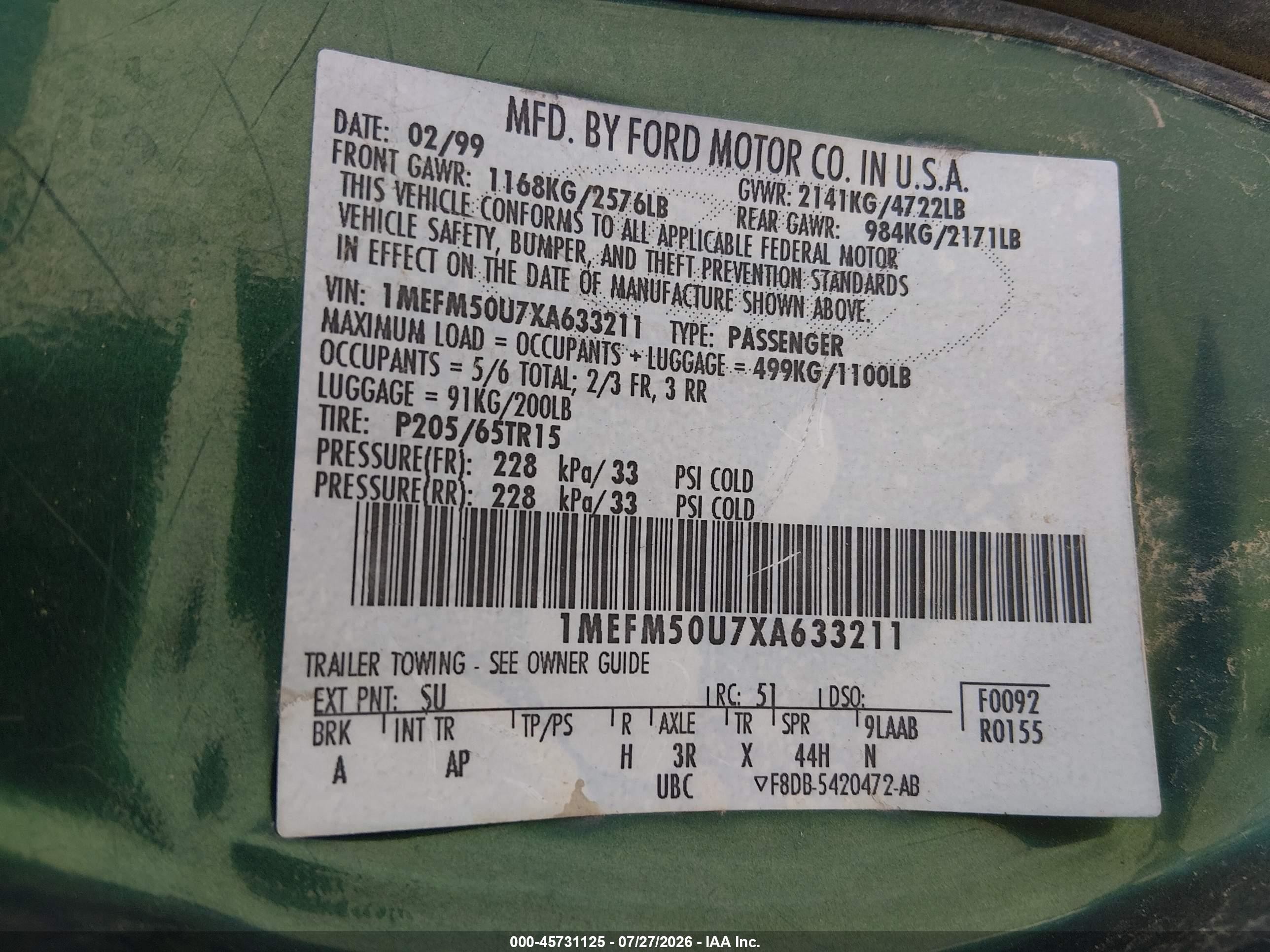 1999 Mercury Sable Gs Green vin: 1MEFM50U7XA633211