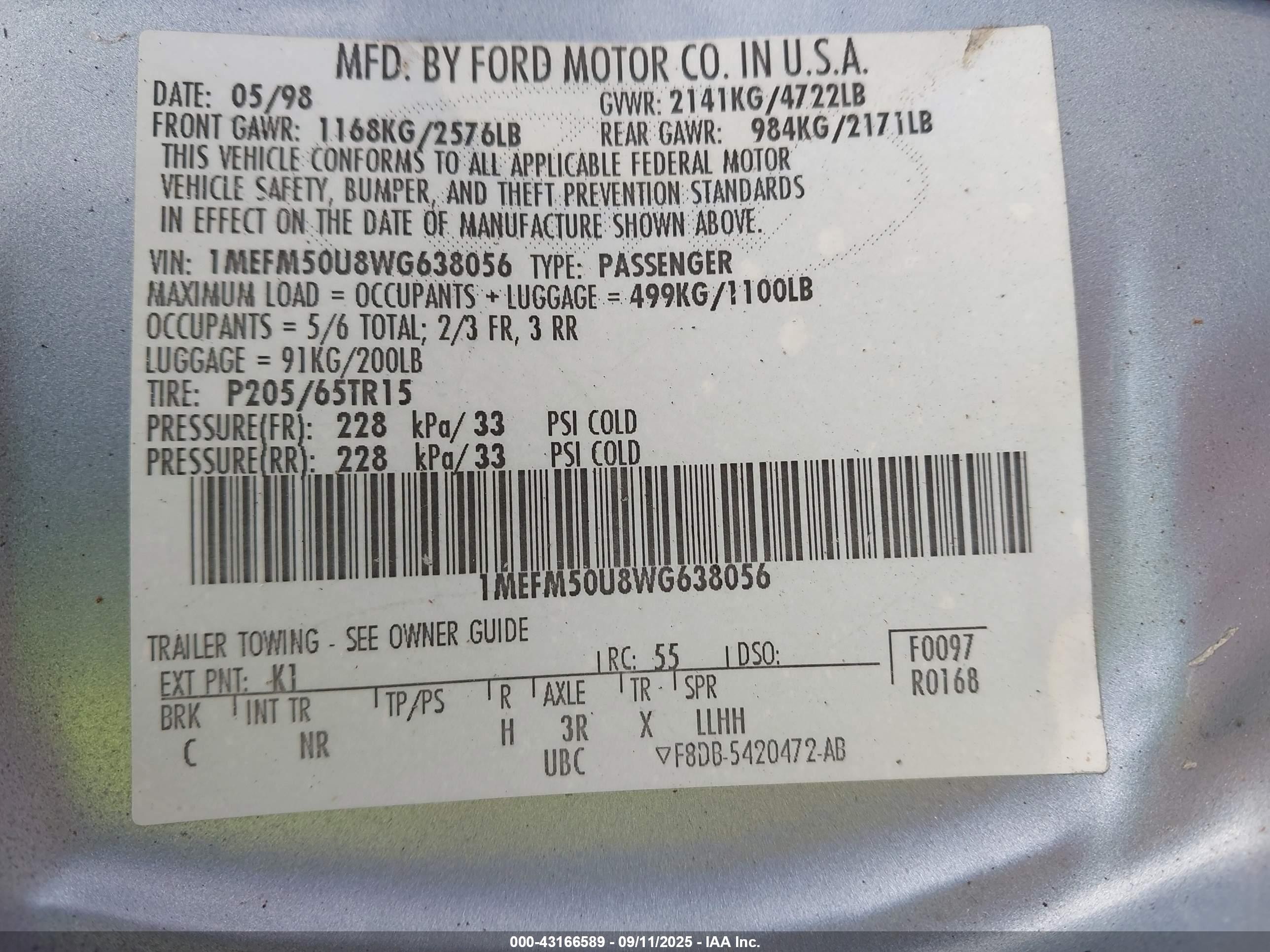 1998 Mercury Sable Gs/ls Light Blue vin: 1MEFM50U8WG638056