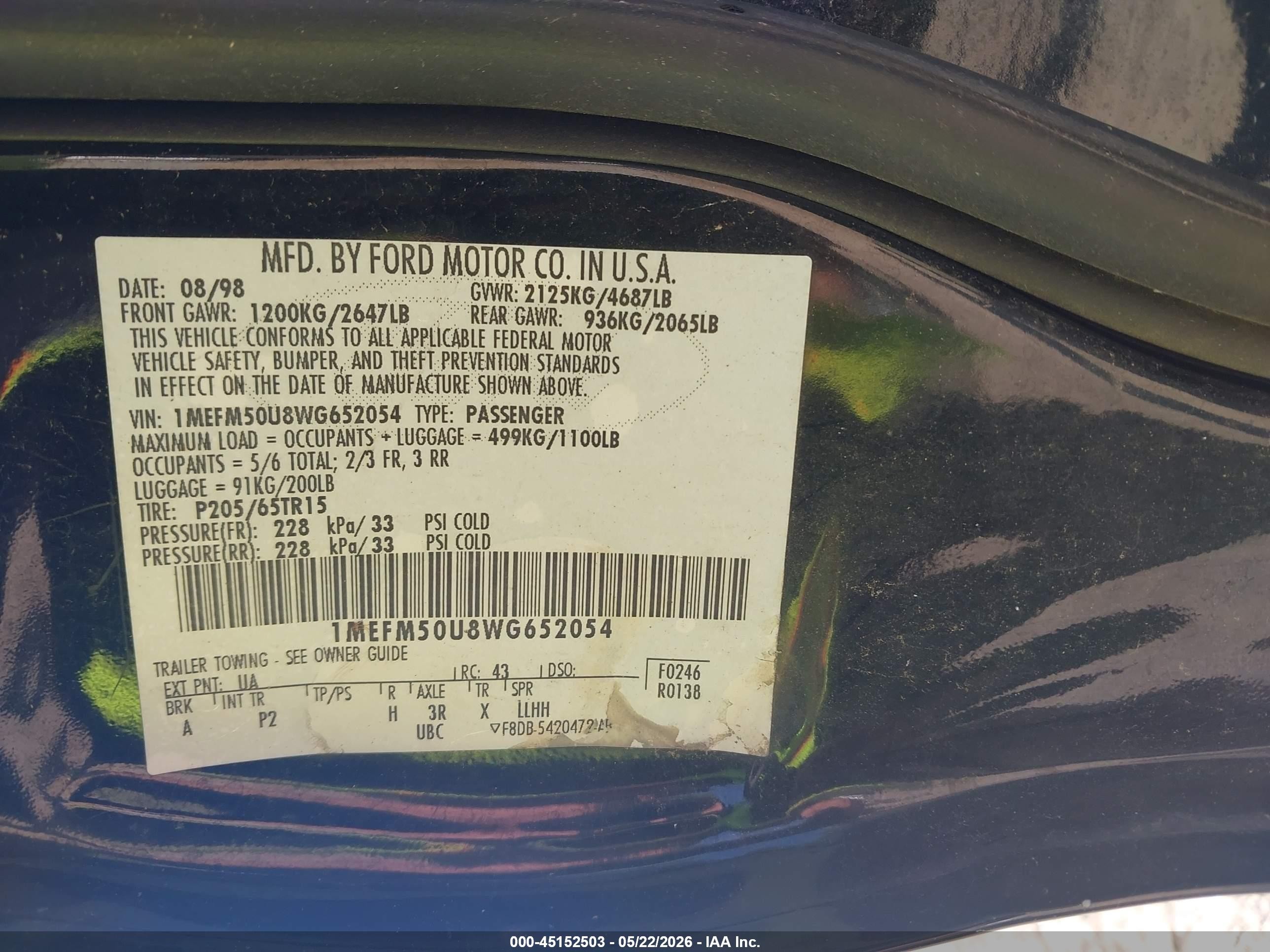 1998 Mercury Sable Gs/ls Black vin: 1MEFM50U8WG652054