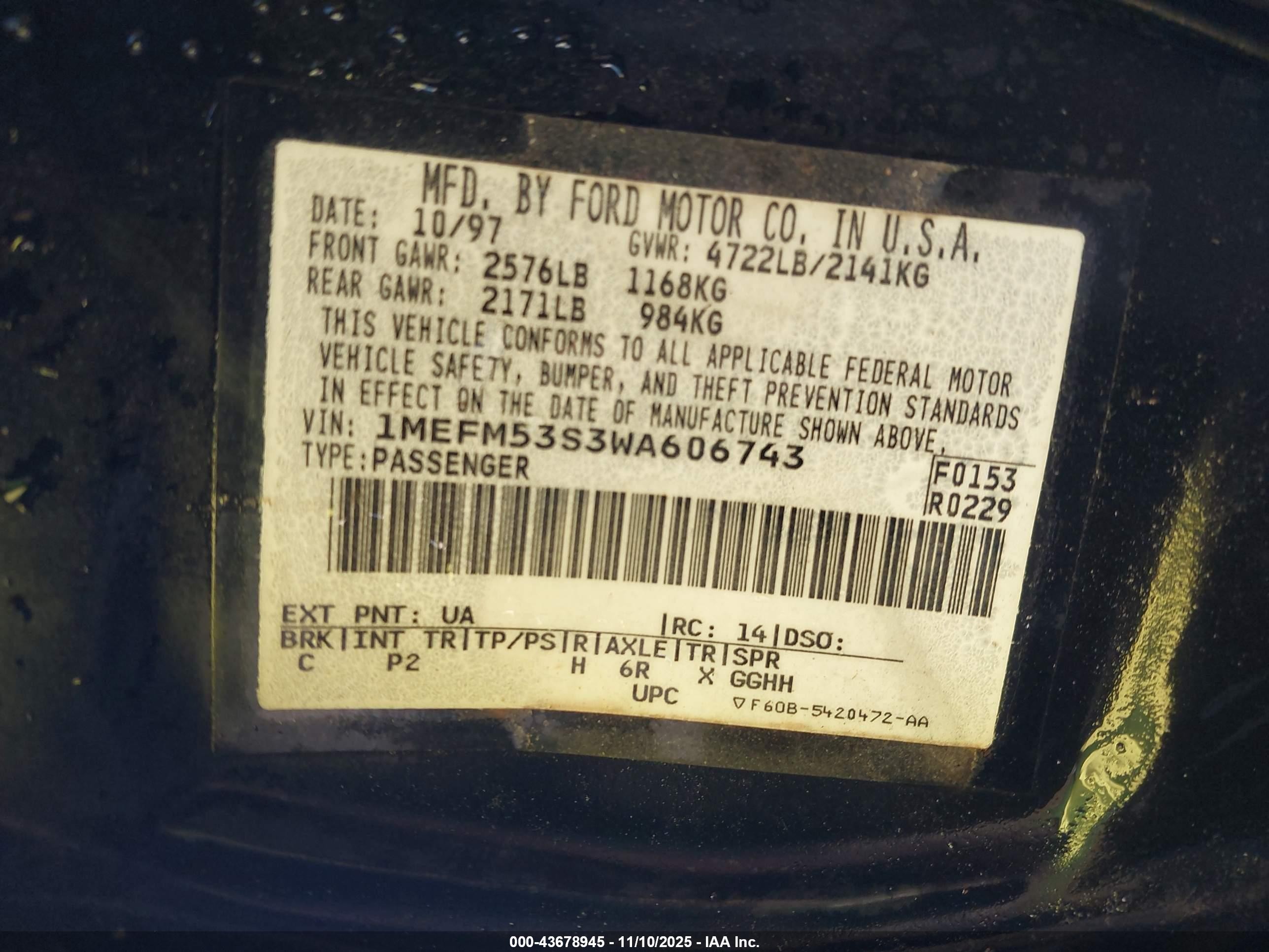 1998 Mercury Sable Ls Черный vin: 1MEFM53S3WA606743