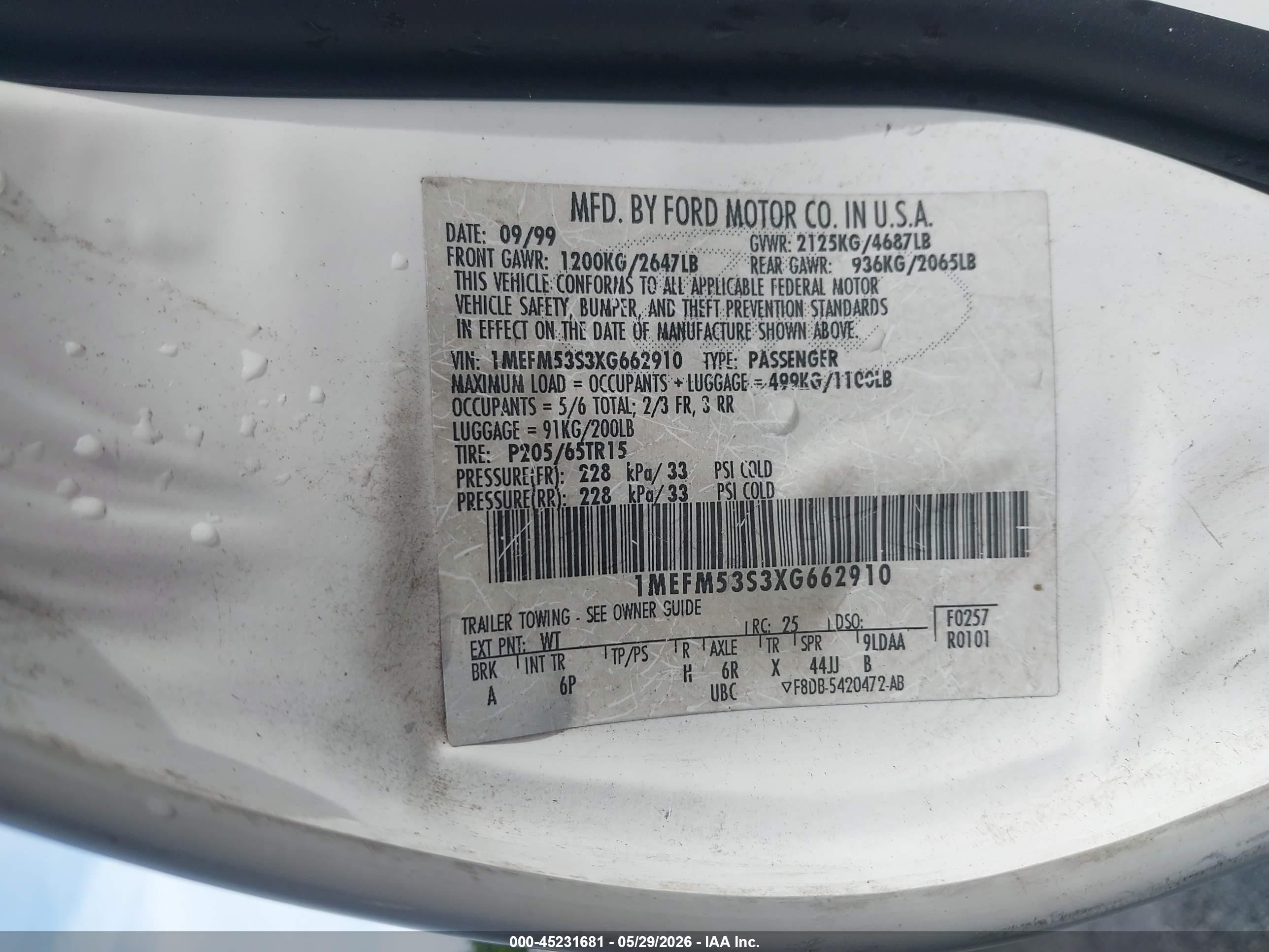1999 Mercury Sable Ls White vin: 1MEFM53S3XG662910
