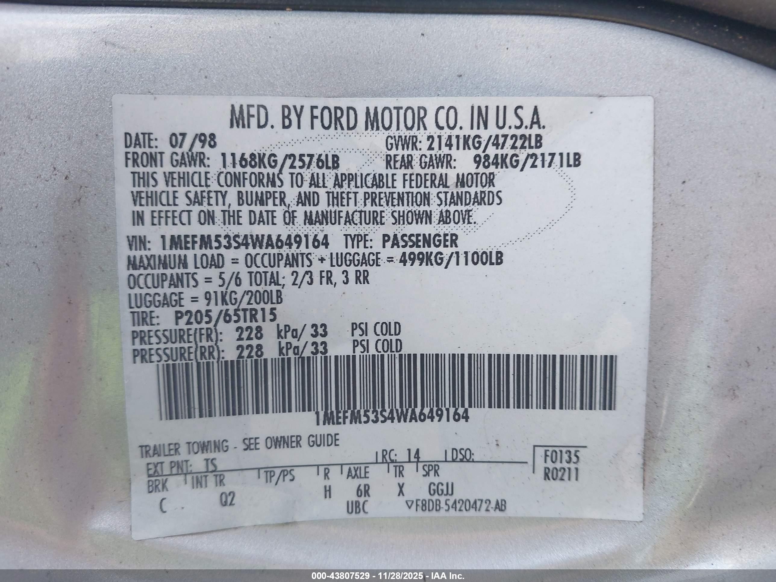 1998 Mercury Sable Ls Серебряный vin: 1MEFM53S4WA649164