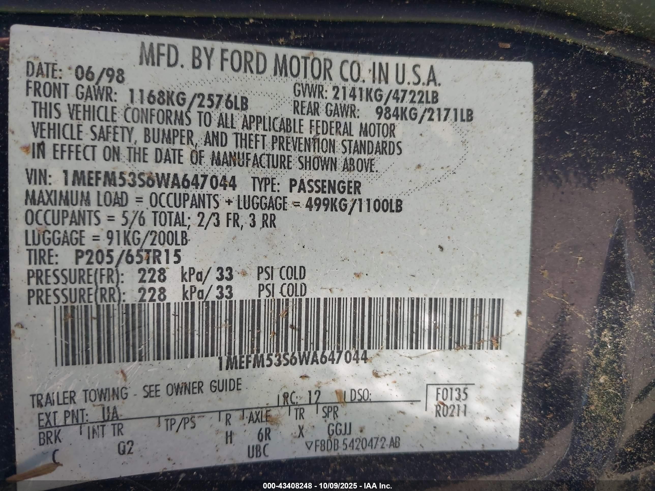 1998 Mercury Sable Ls Black vin: 1MEFM53S6WA647044