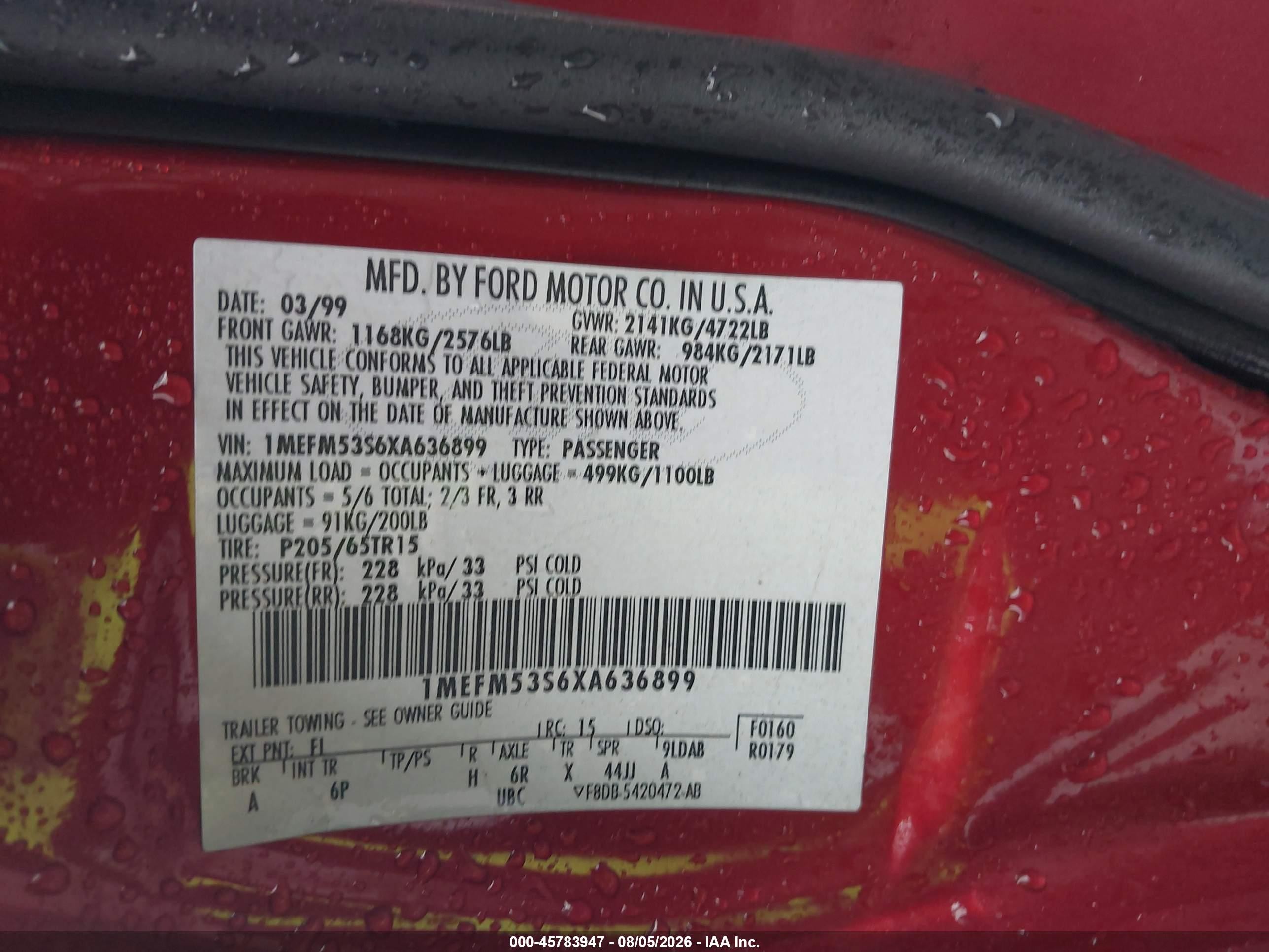 1999 Mercury Sable Ls Red vin: 1MEFM53S6XA636899
