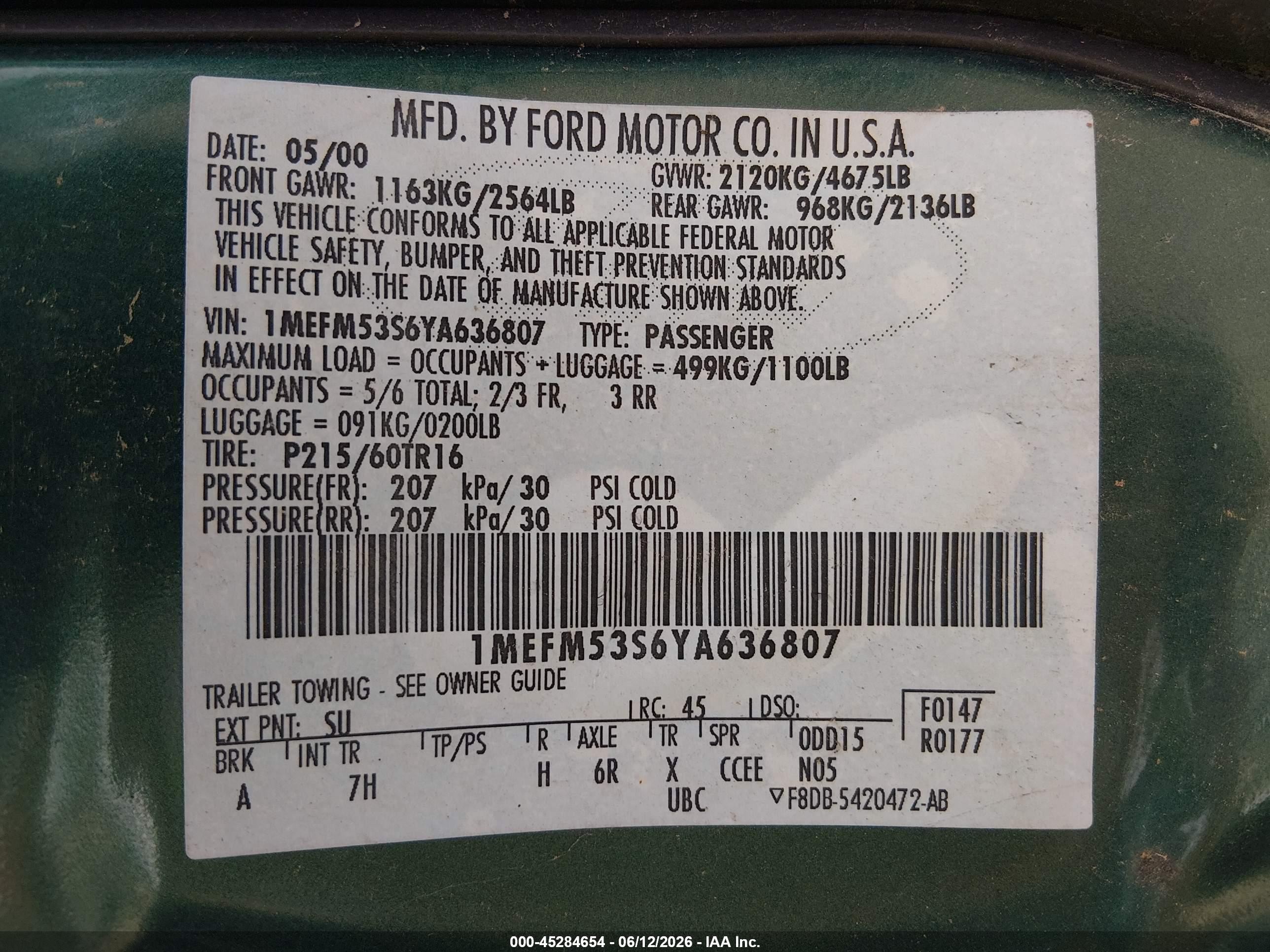 2000 Mercury Sable Ls Green vin: 1MEFM53S6YA636807
