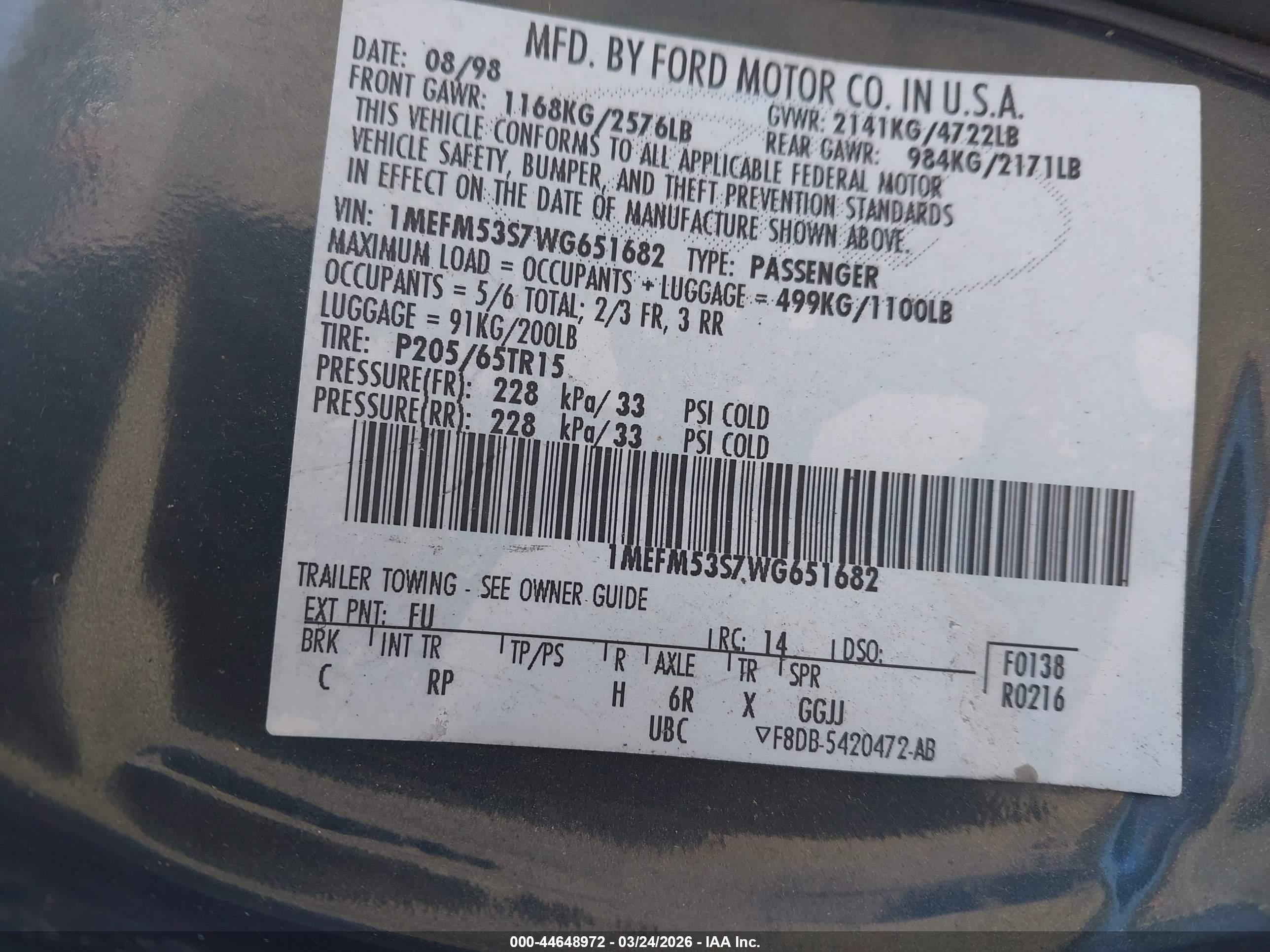 1998 Mercury Sable Ls Blue vin: 1MEFM53S7WG651682