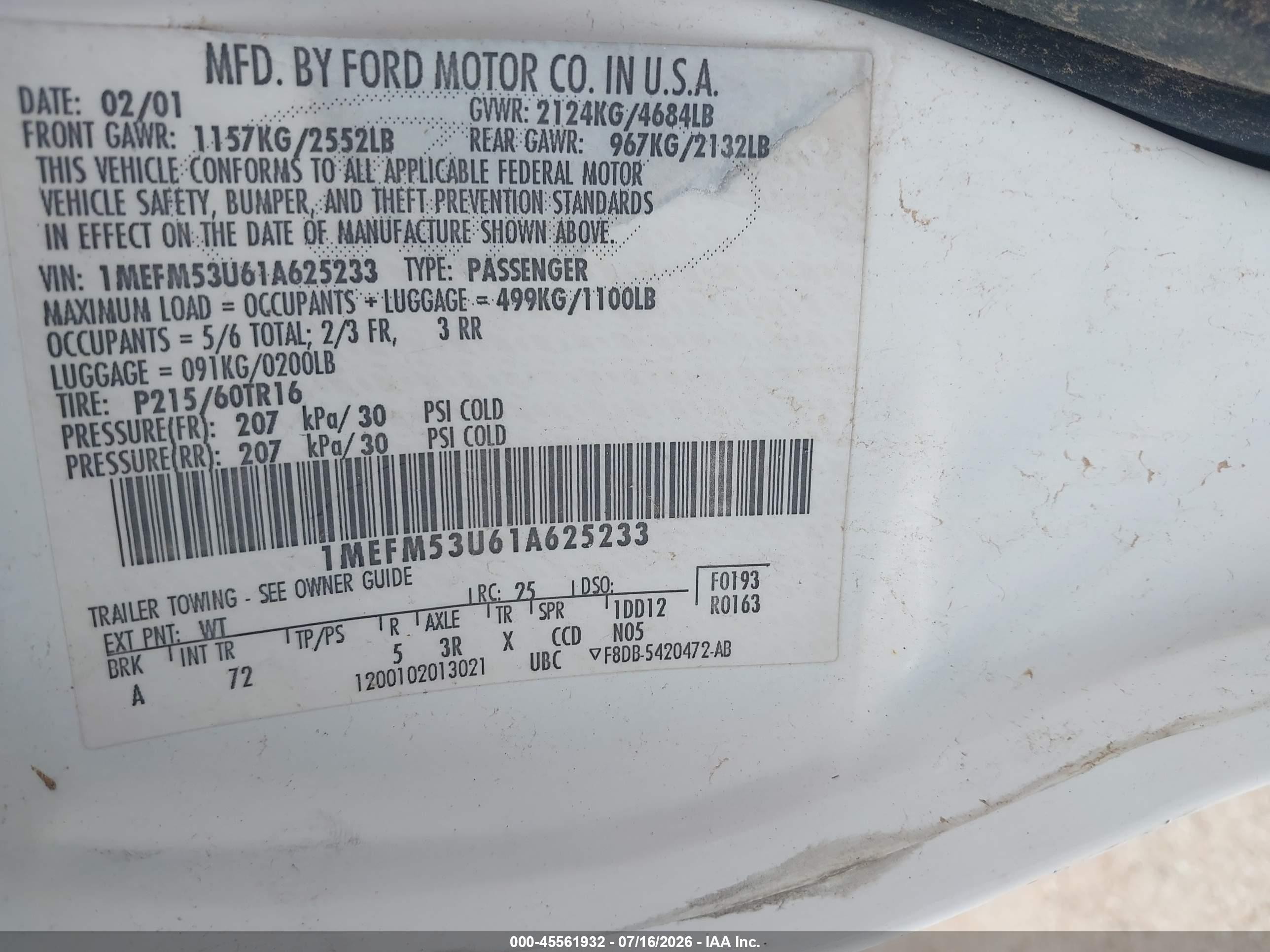 2001 Mercury Sable Ls White vin: 1MEFM53U61A625233