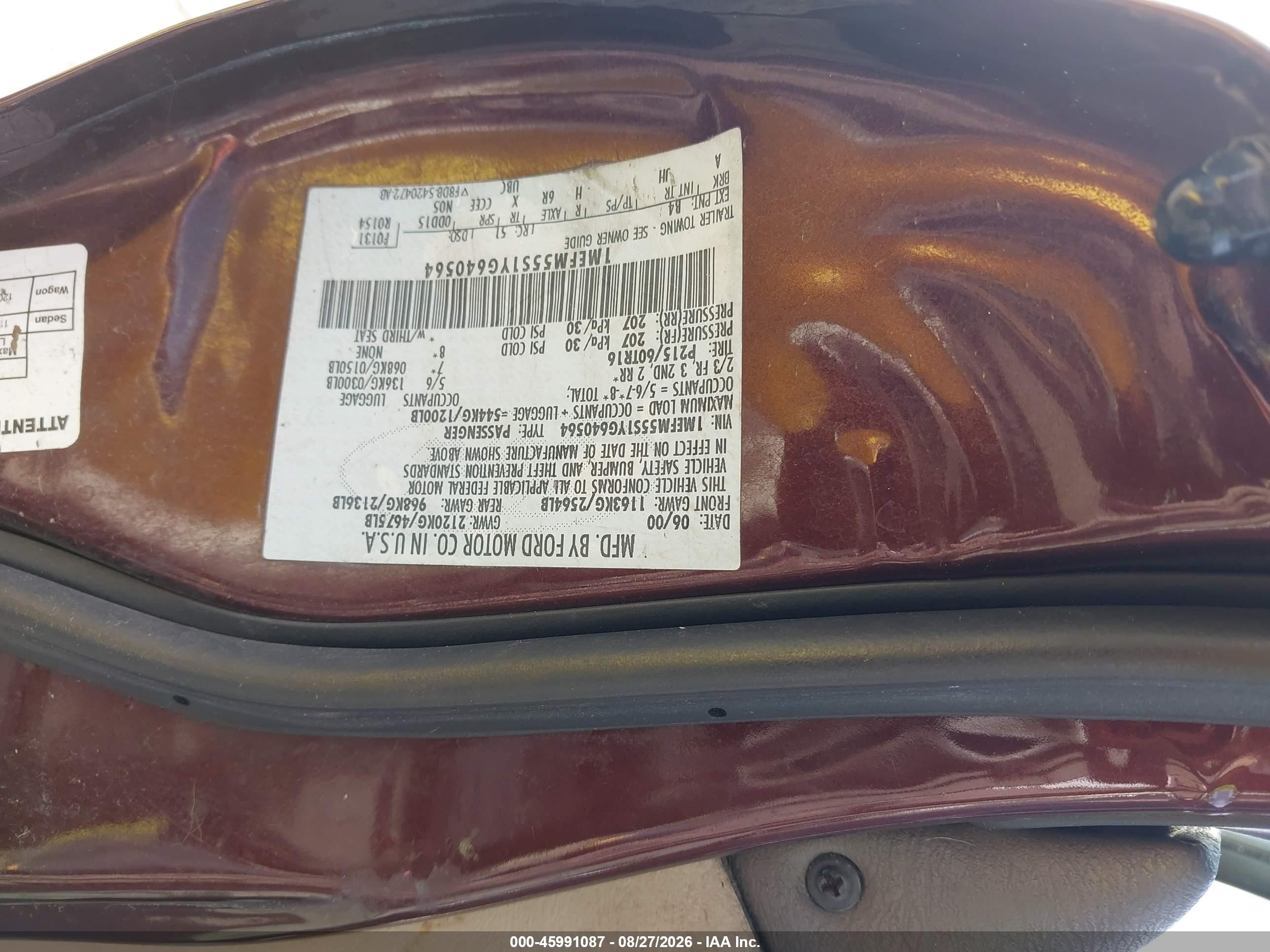 2000 Mercury Sable Ls Premium Burgundy vin: 1MEFM55S1YG640564