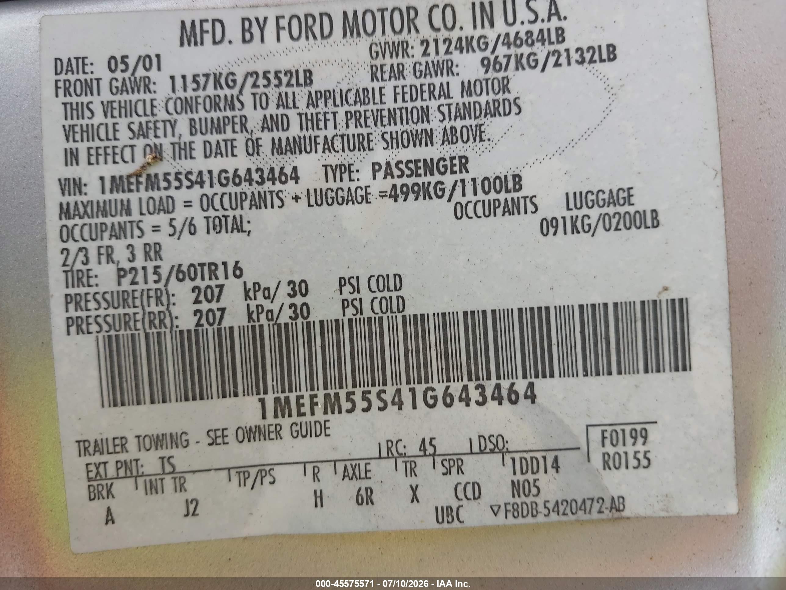 2001 Mercury Sable Ls Premium Серебряный vin: 1MEFM55S41G643464