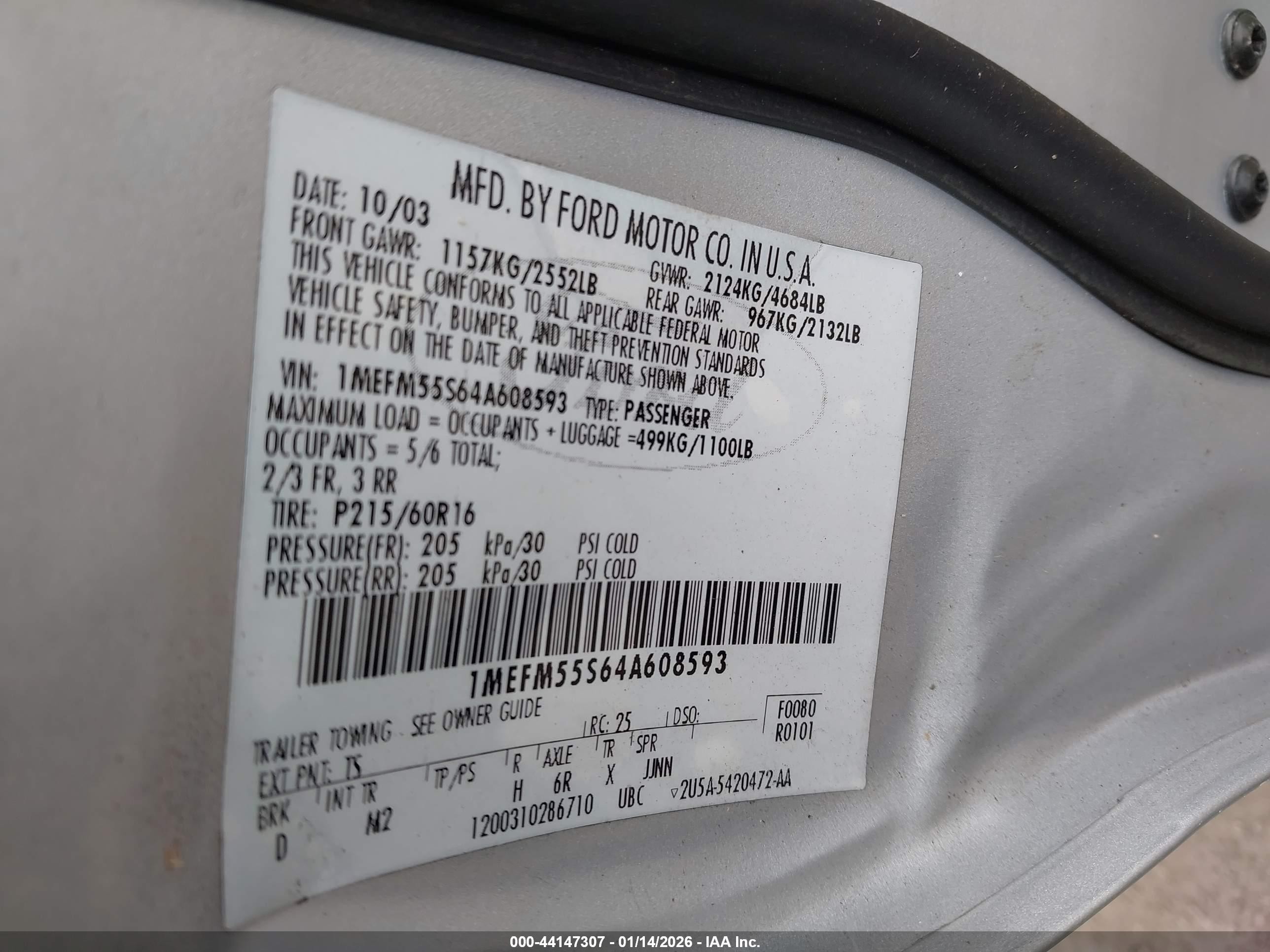 2004 Mercury Sable Ls Premium Silver vin: 1MEFM55S64A608593