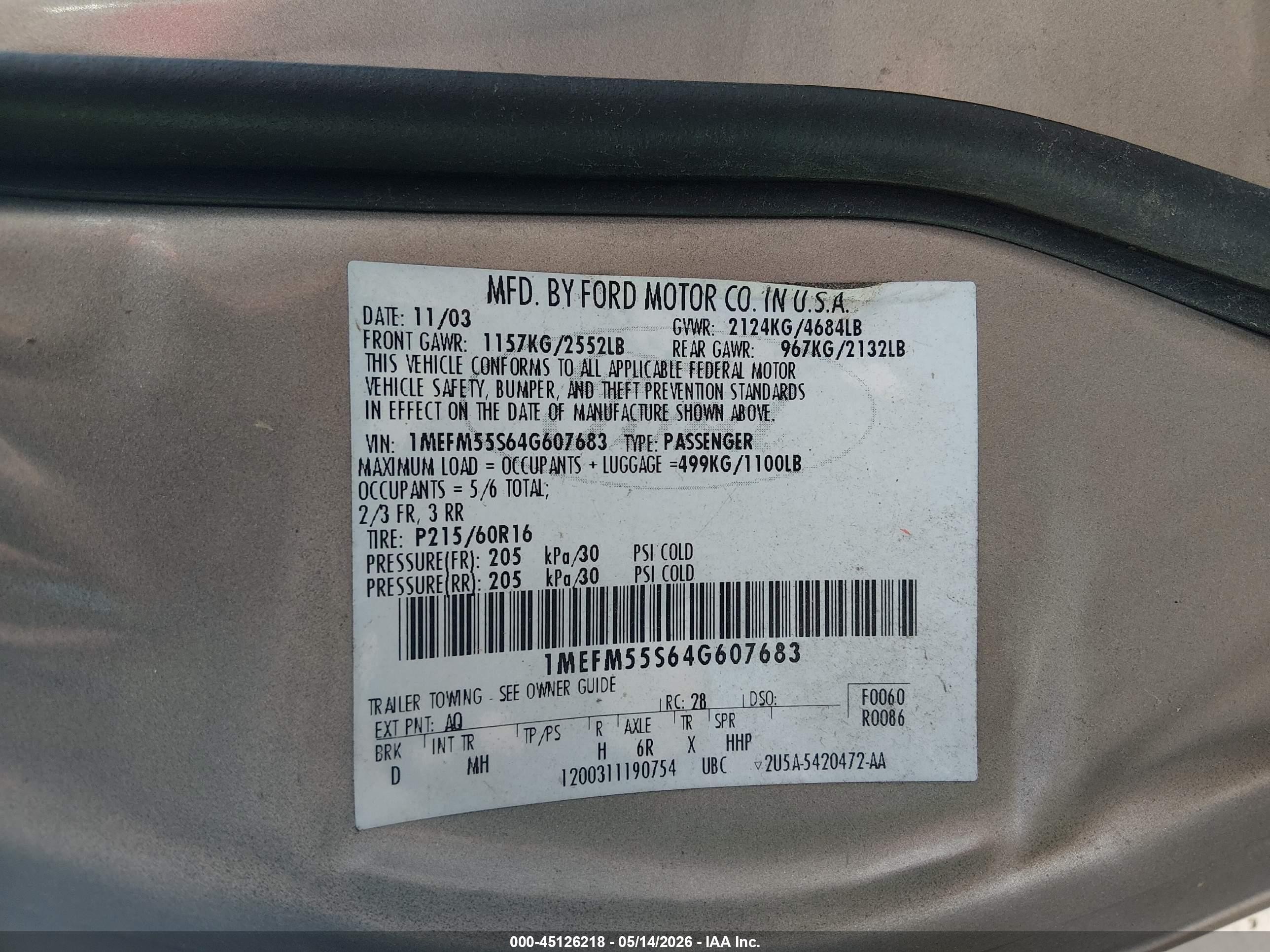 2004 Mercury Sable Ls Premium Beige vin: 1MEFM55S64G607683