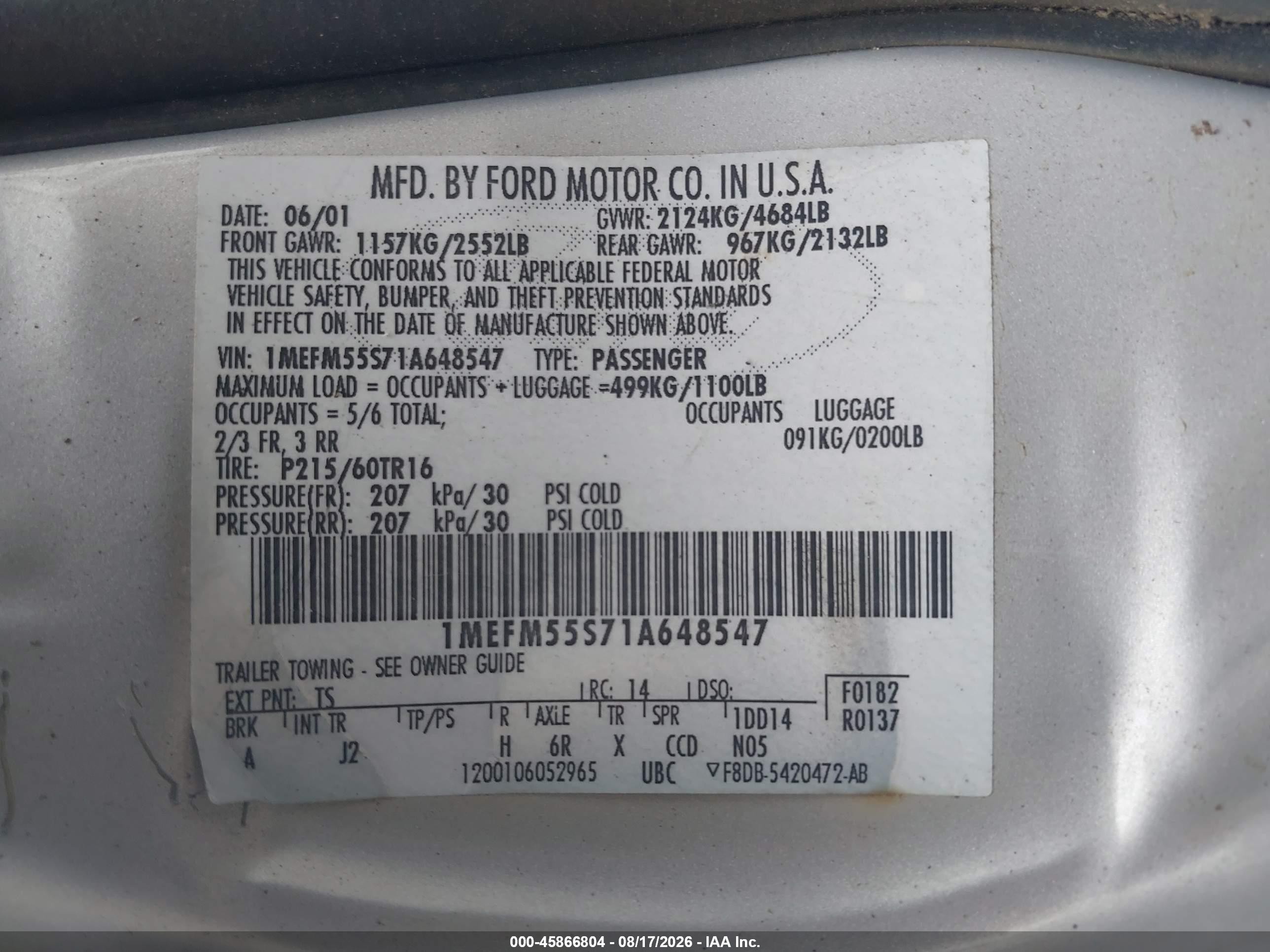 2001 Mercury Sable Ls Premium Silver vin: 1MEFM55S71A648547