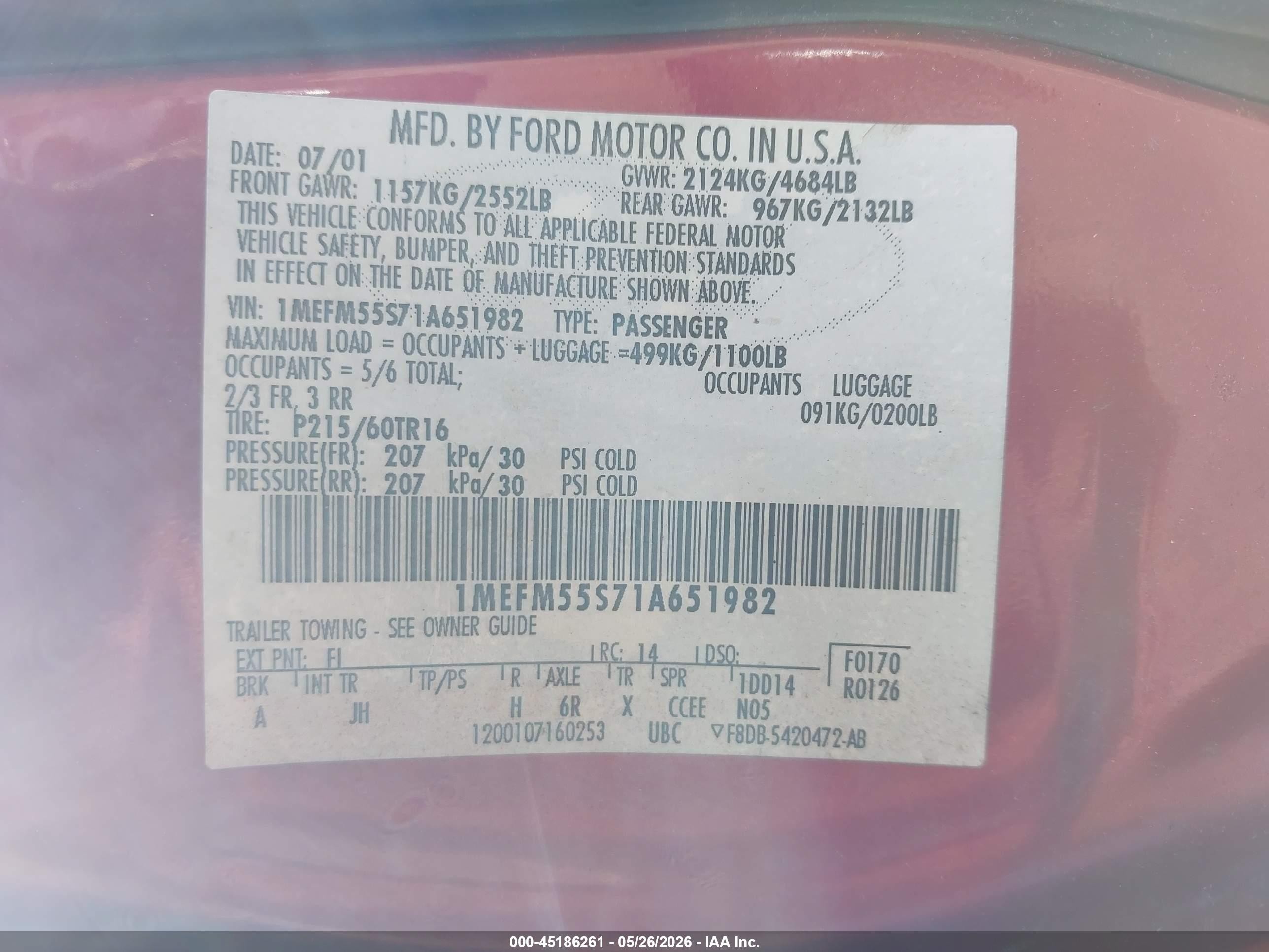 2001 Mercury Sable Ls Premium Red vin: 1MEFM55S71A651982