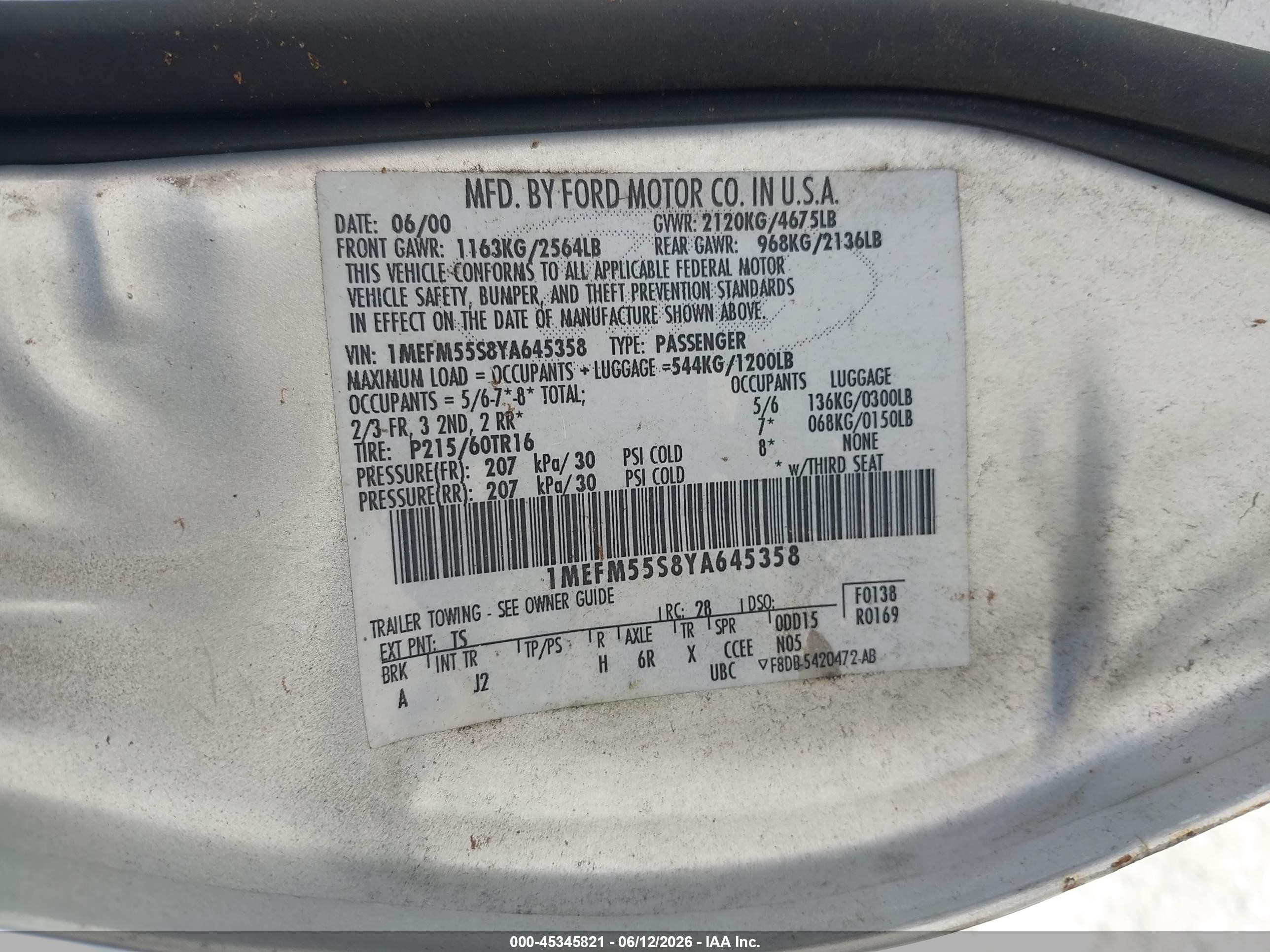 2000 Mercury Sable Ls Premium Silver vin: 1MEFM55S8YA645358