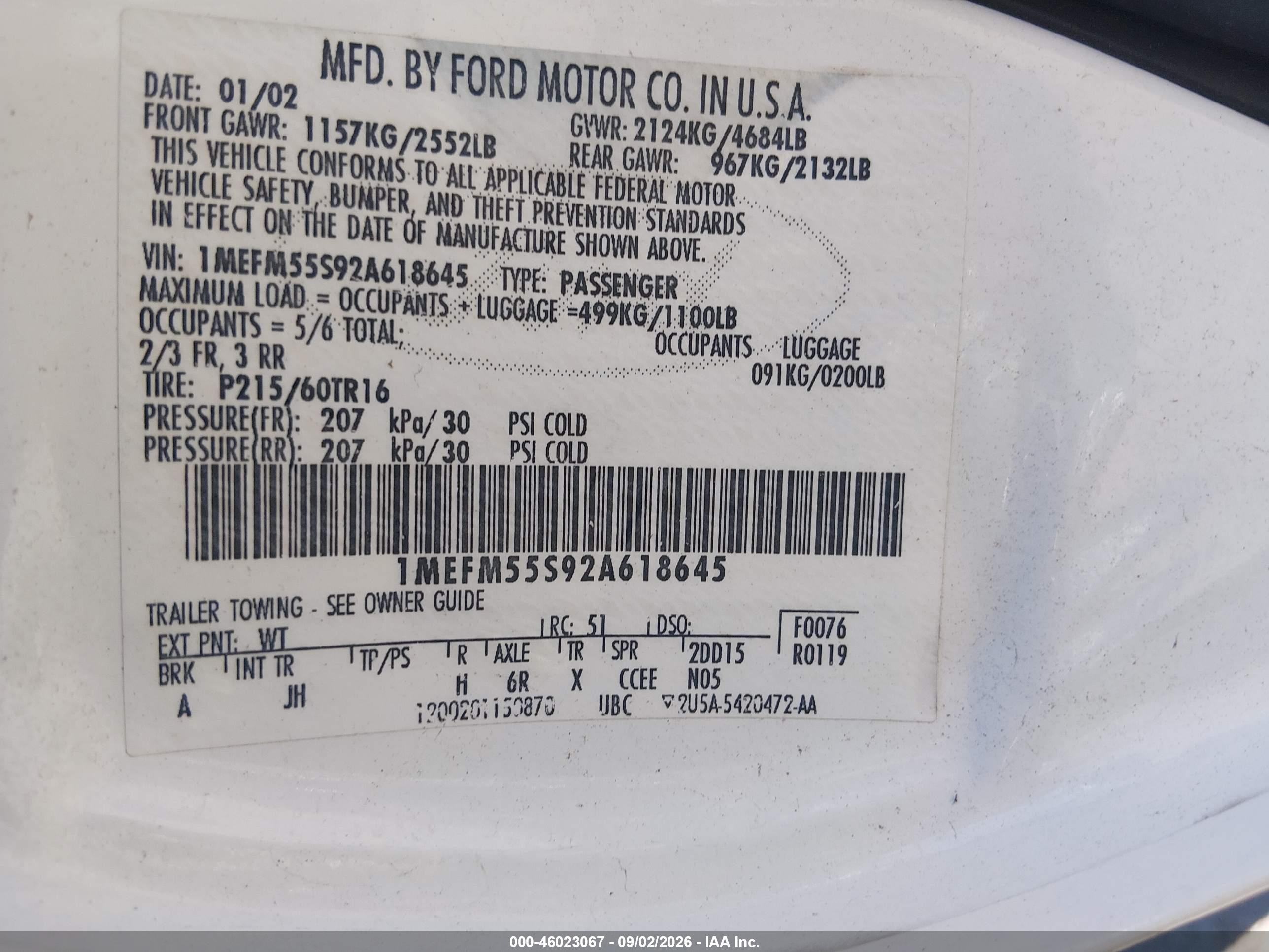 2002 Mercury Sable Ls Premium White vin: 1MEFM55S92A618645