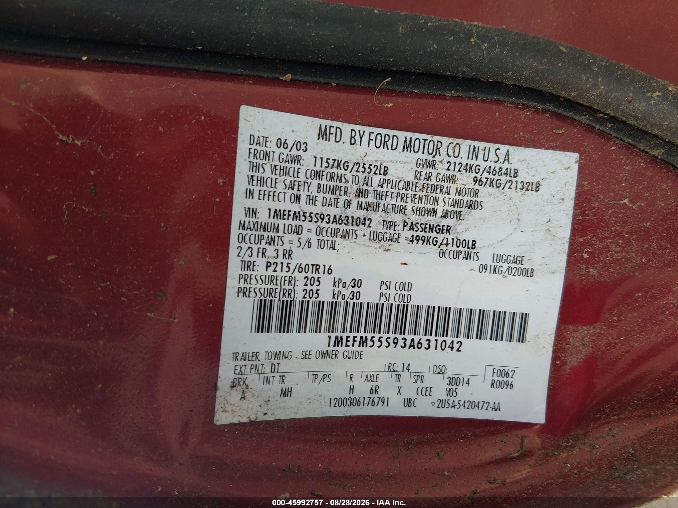 2003 Mercury Sable Ls Premium Red vin: 1MEFM55S93A631042
