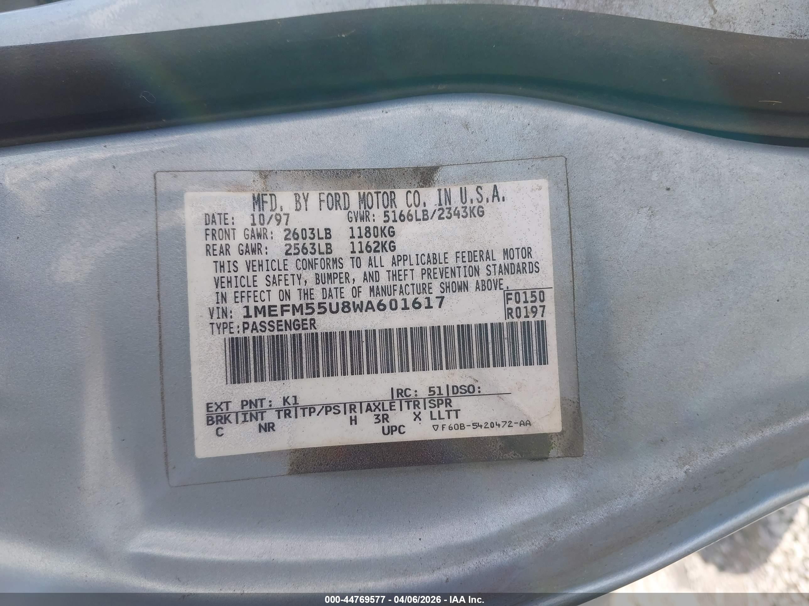 1998 Mercury Sable Ls Light Blue vin: 1MEFM55U8WA601617