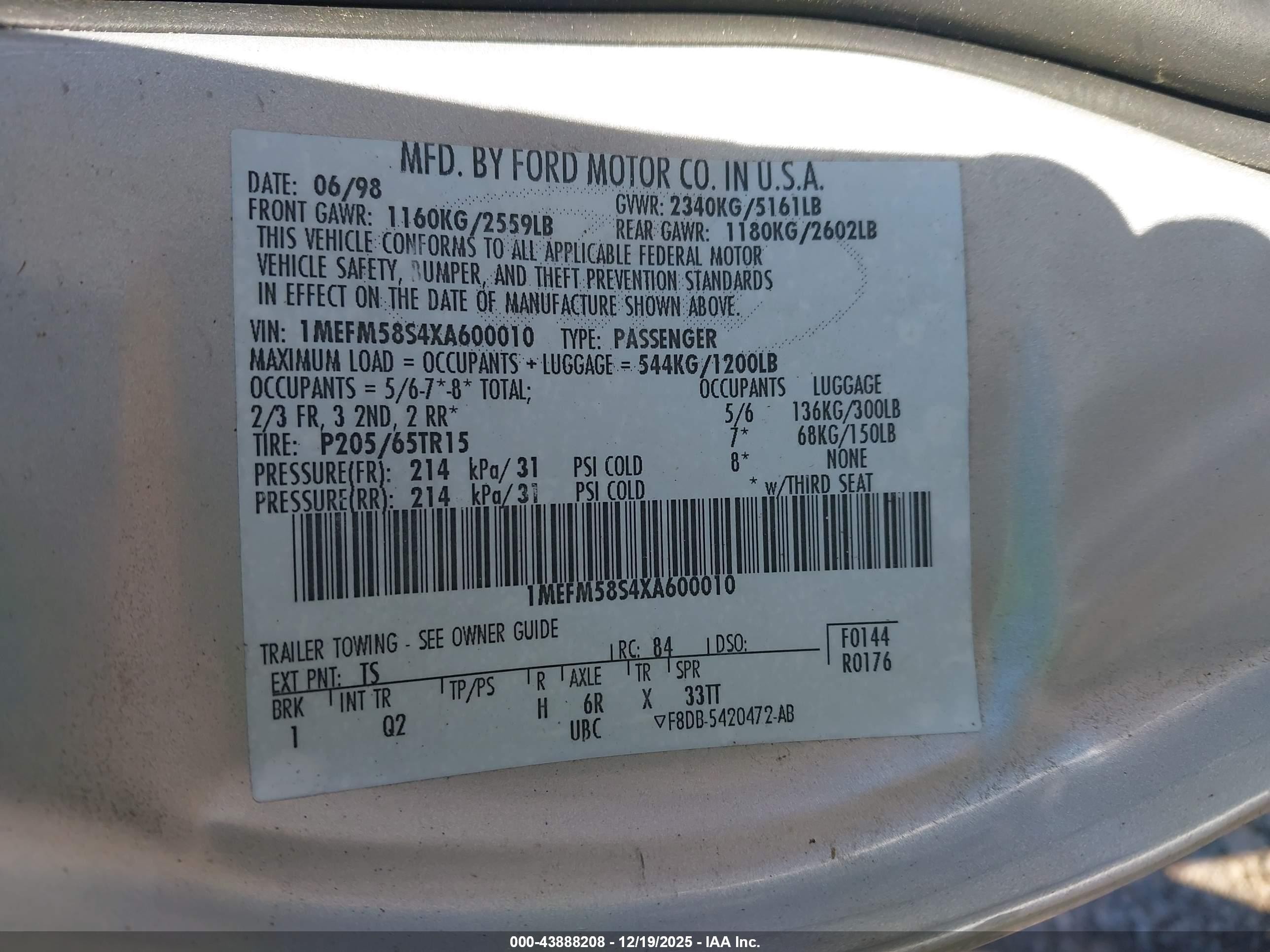 1999 Mercury Sable Ls Серебряный vin: 1MEFM58S4XA600010