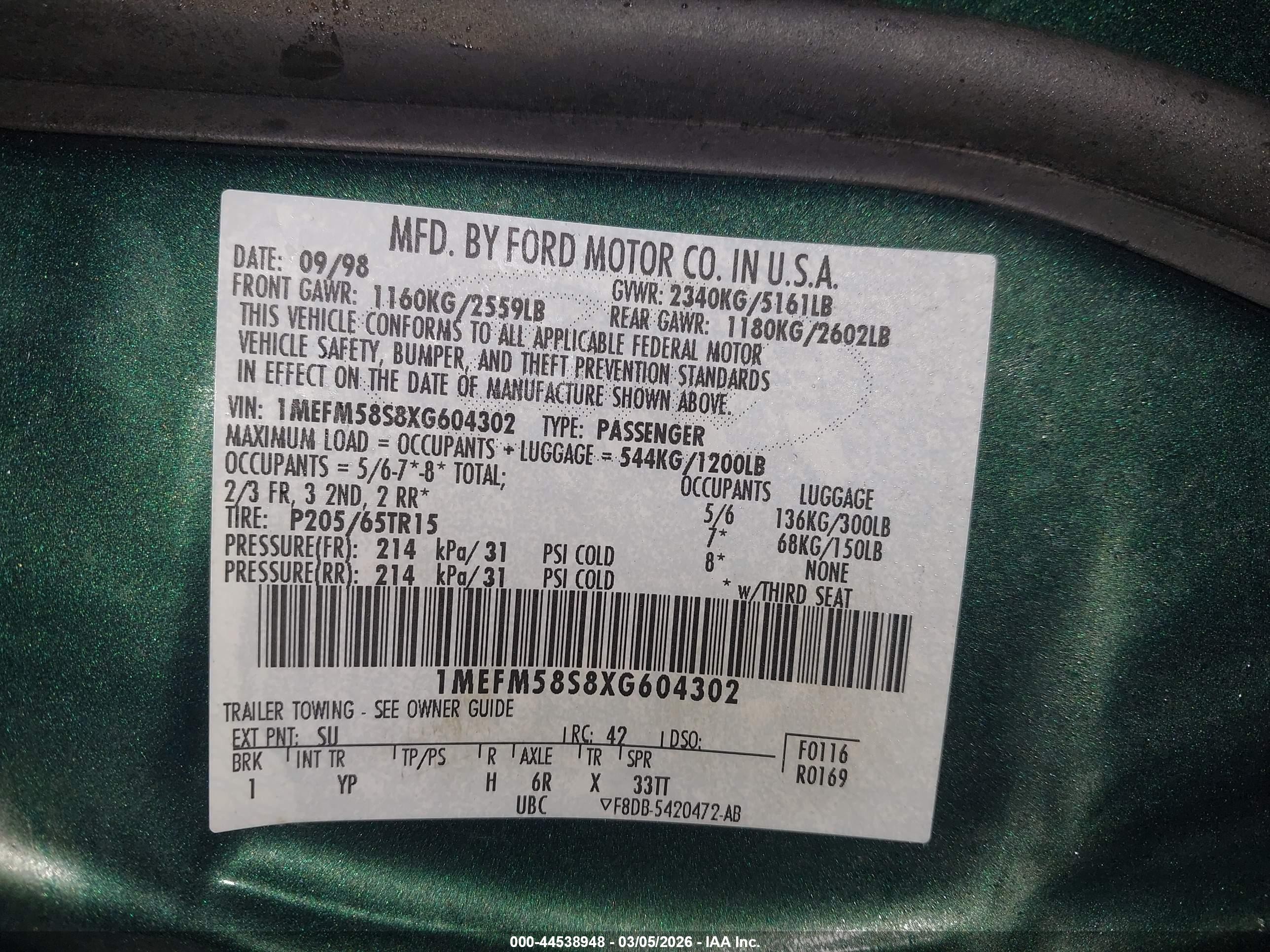 1999 Mercury Sable Ls Зеленый vin: 1MEFM58S8XG604302