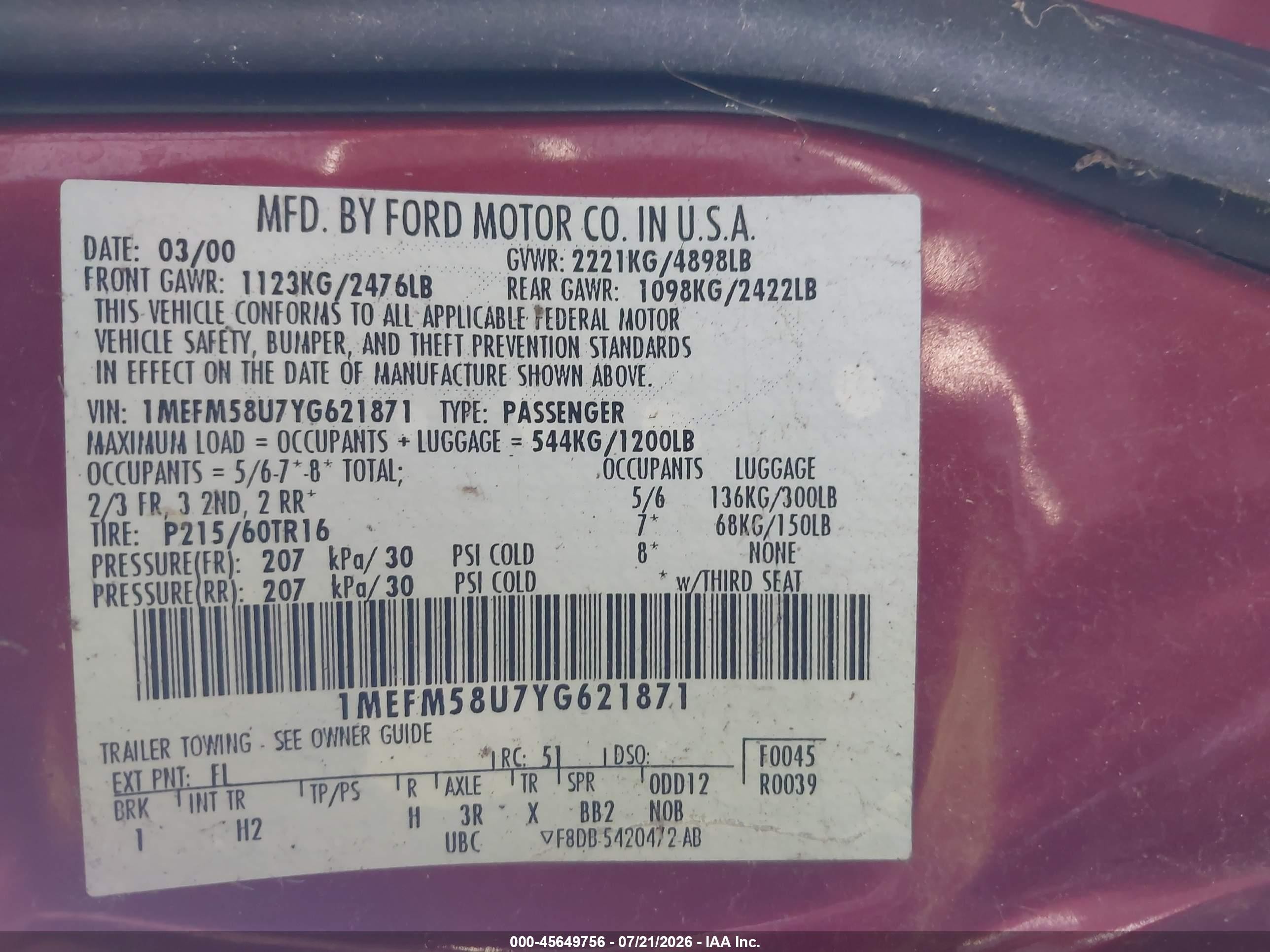 2000 Mercury Sable Gs Red vin: 1MEFM58U7YG621871
