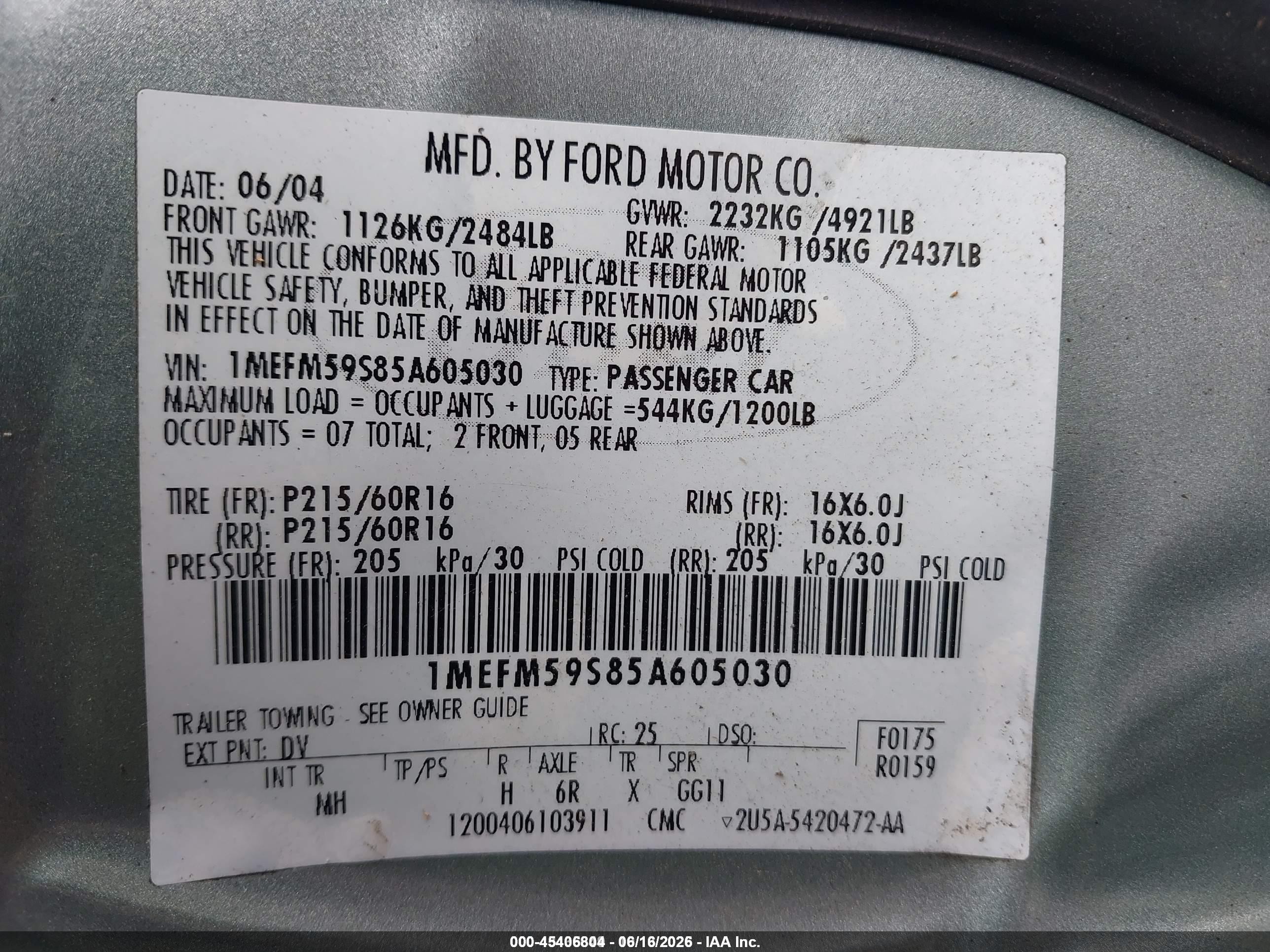 2005 Mercury Sable Ls Green vin: 1MEFM59S85A605030