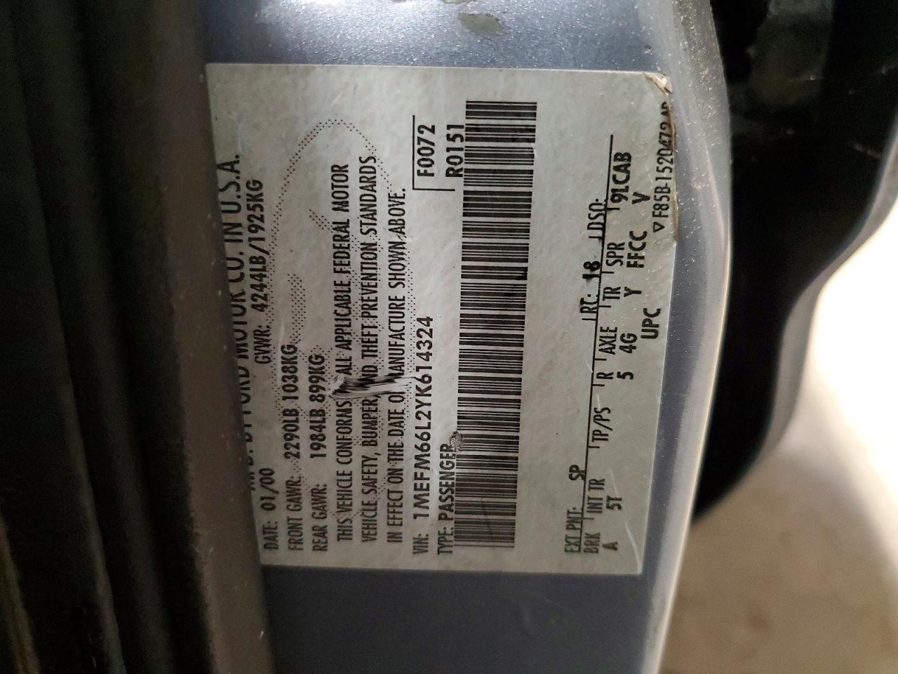 2000 Mercury Mystique Ls Blue vin: 1MEFM66L2YK614324
