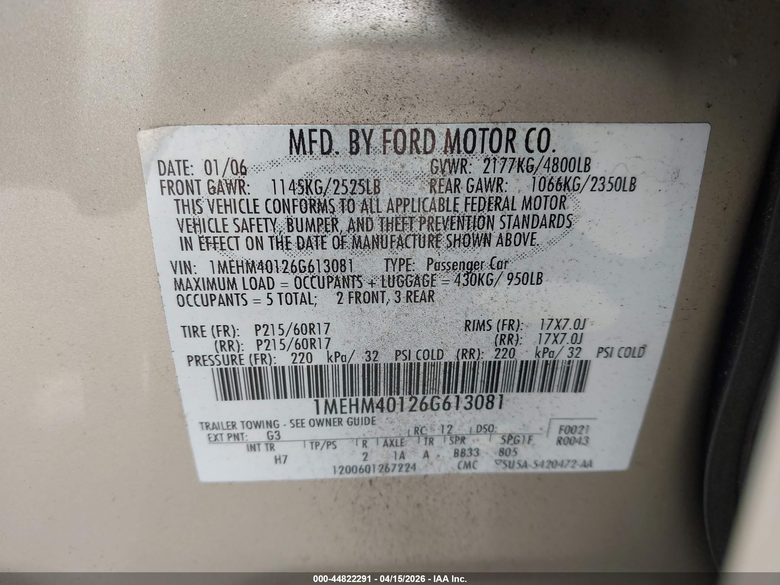 2006 Mercury Montego Luxury Золотой vin: 1MEHM40126G613081