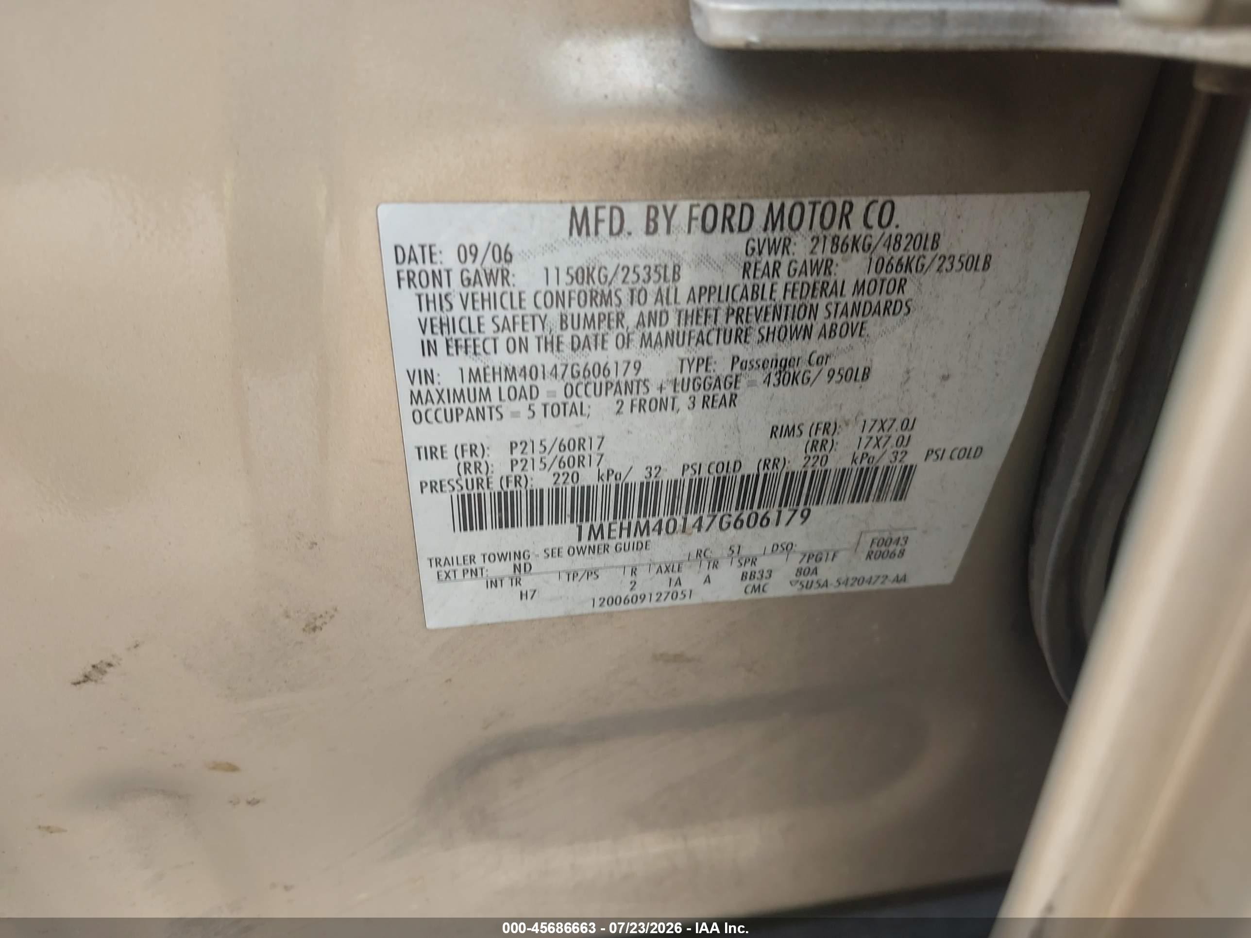 2007 Mercury Montego   Gold vin: 1MEHM40147G606179