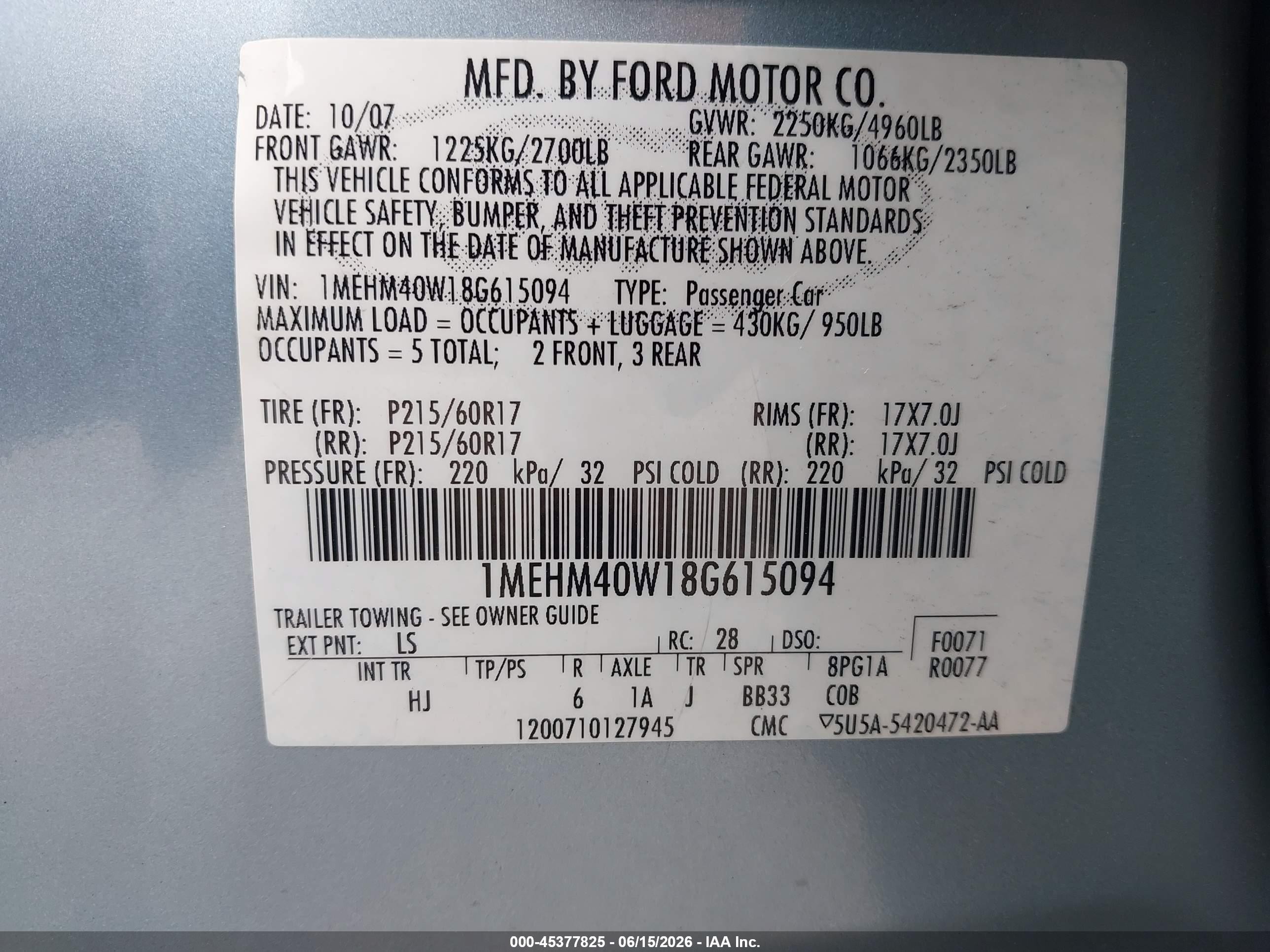 2008 Mercury Sable   Light Blue vin: 1MEHM40W18G615094