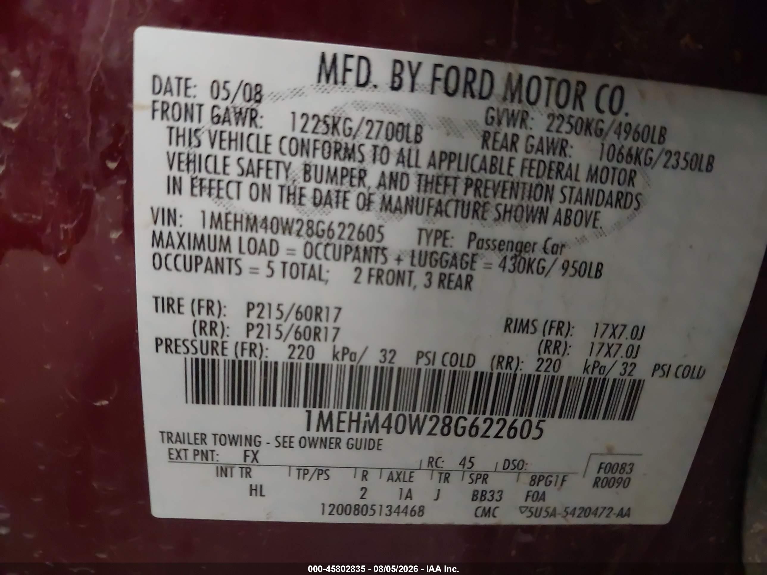 2008 Mercury Sable   Красный vin: 1MEHM40W28G622605