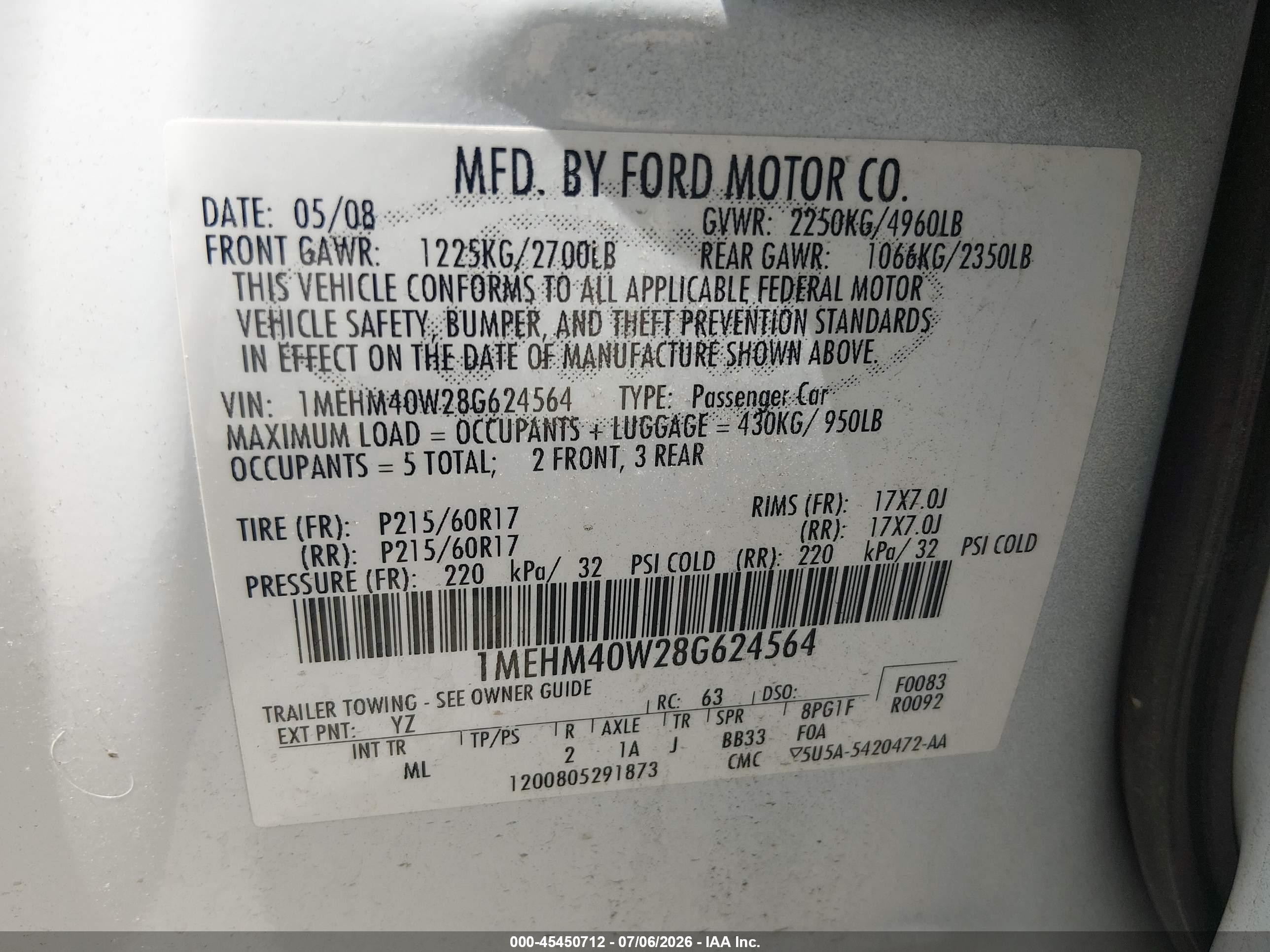 2008 Mercury Sable   Белый vin: 1MEHM40W28G624564