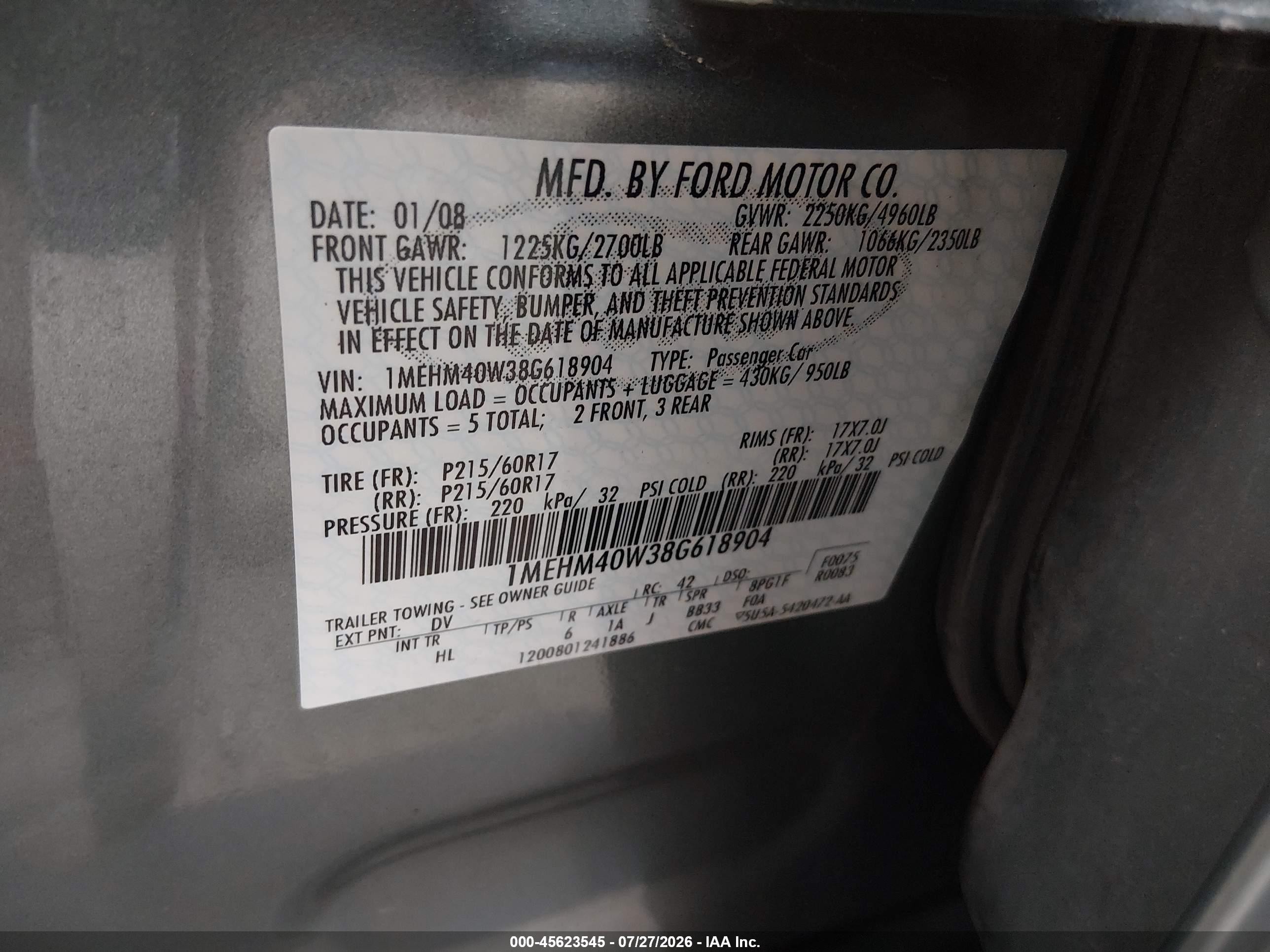 2008 Mercury Sable   Green vin: 1MEHM40W38G618904