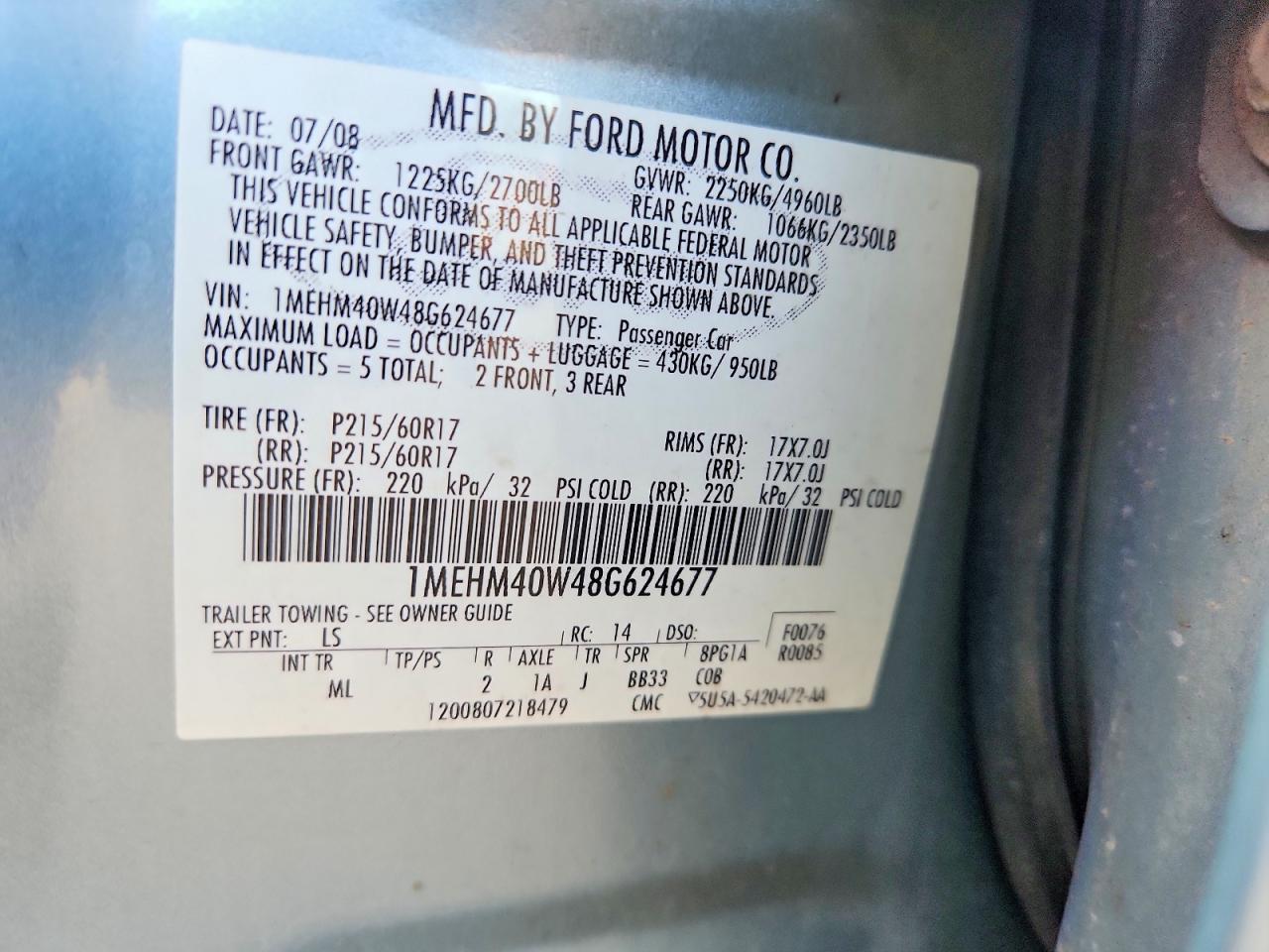 2008 Mercury Sable Luxury Blue vin: 1MEHM40W48G624677