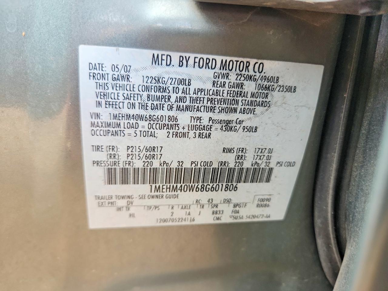 2008 Mercury Sable Luxury Turquoise vin: 1MEHM40W68G601806