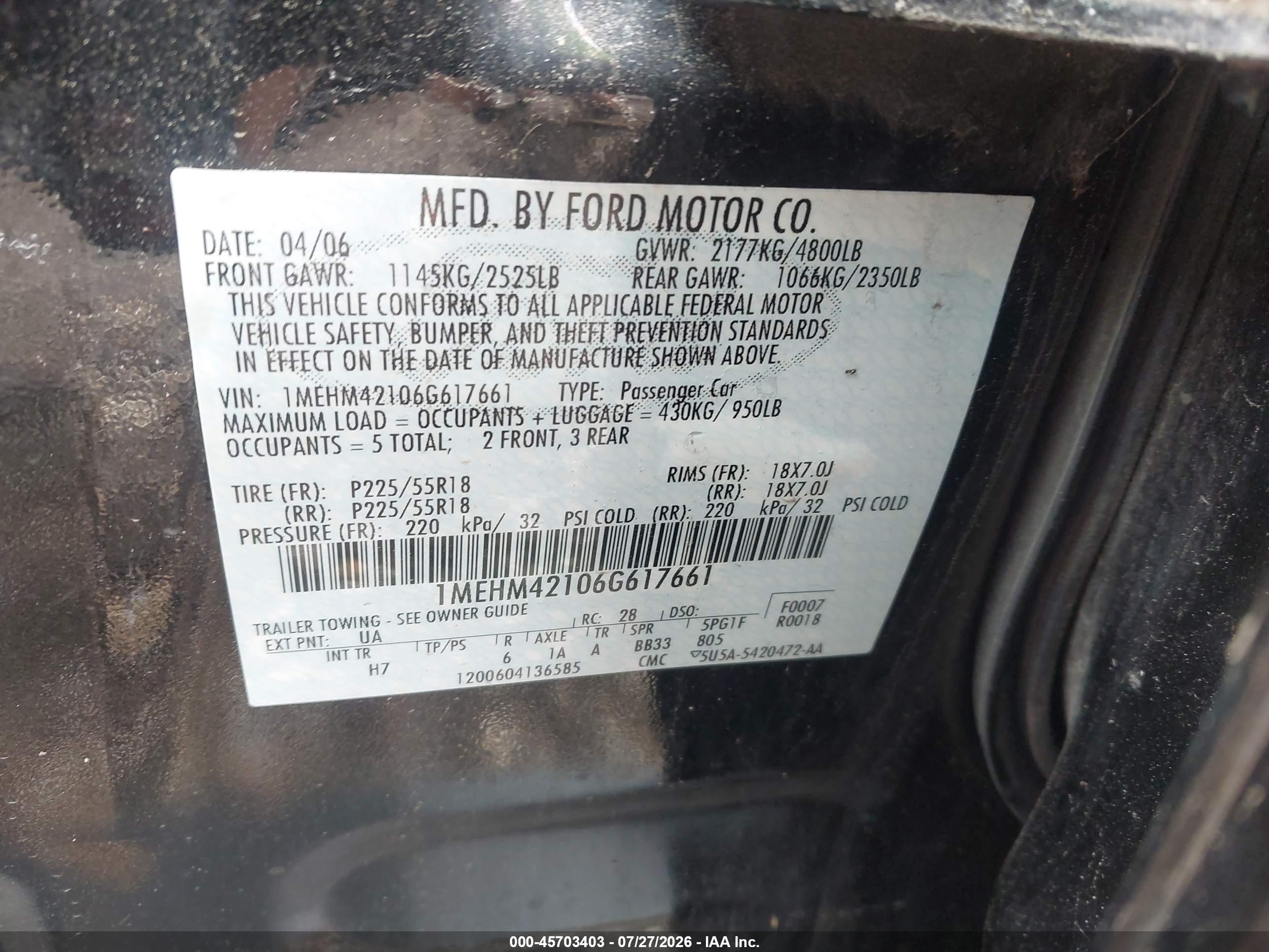 2006 Mercury Montego Premier Black vin: 1MEHM42106G617661