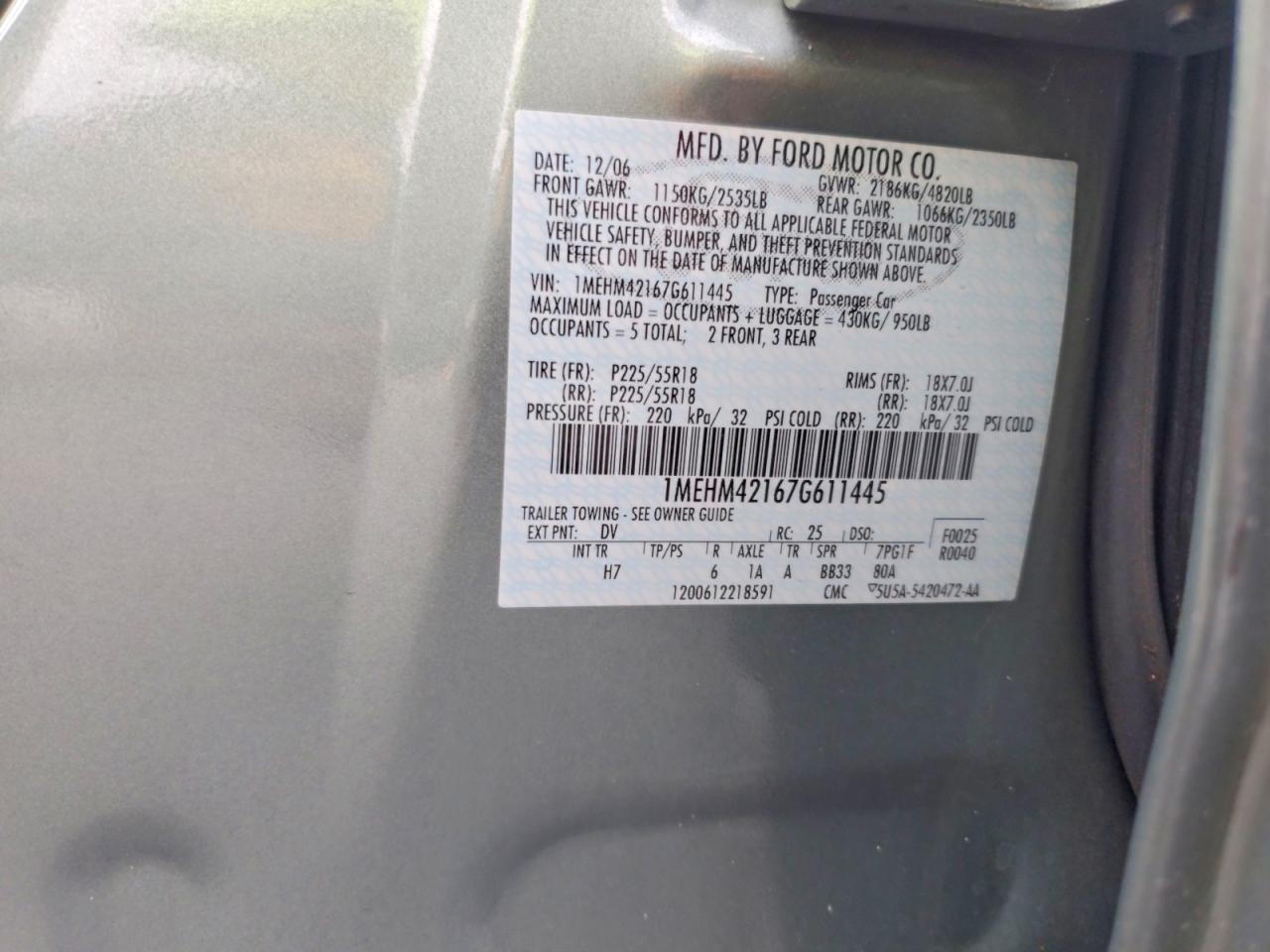 2007 Mercury Montego Premier Teal vin: 1MEHM42167G611445