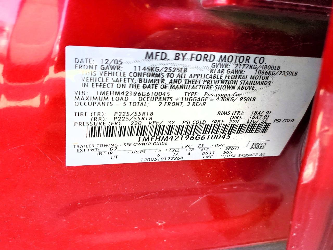 2006 Mercury Montego Premier Red vin: 1MEHM42196G610045