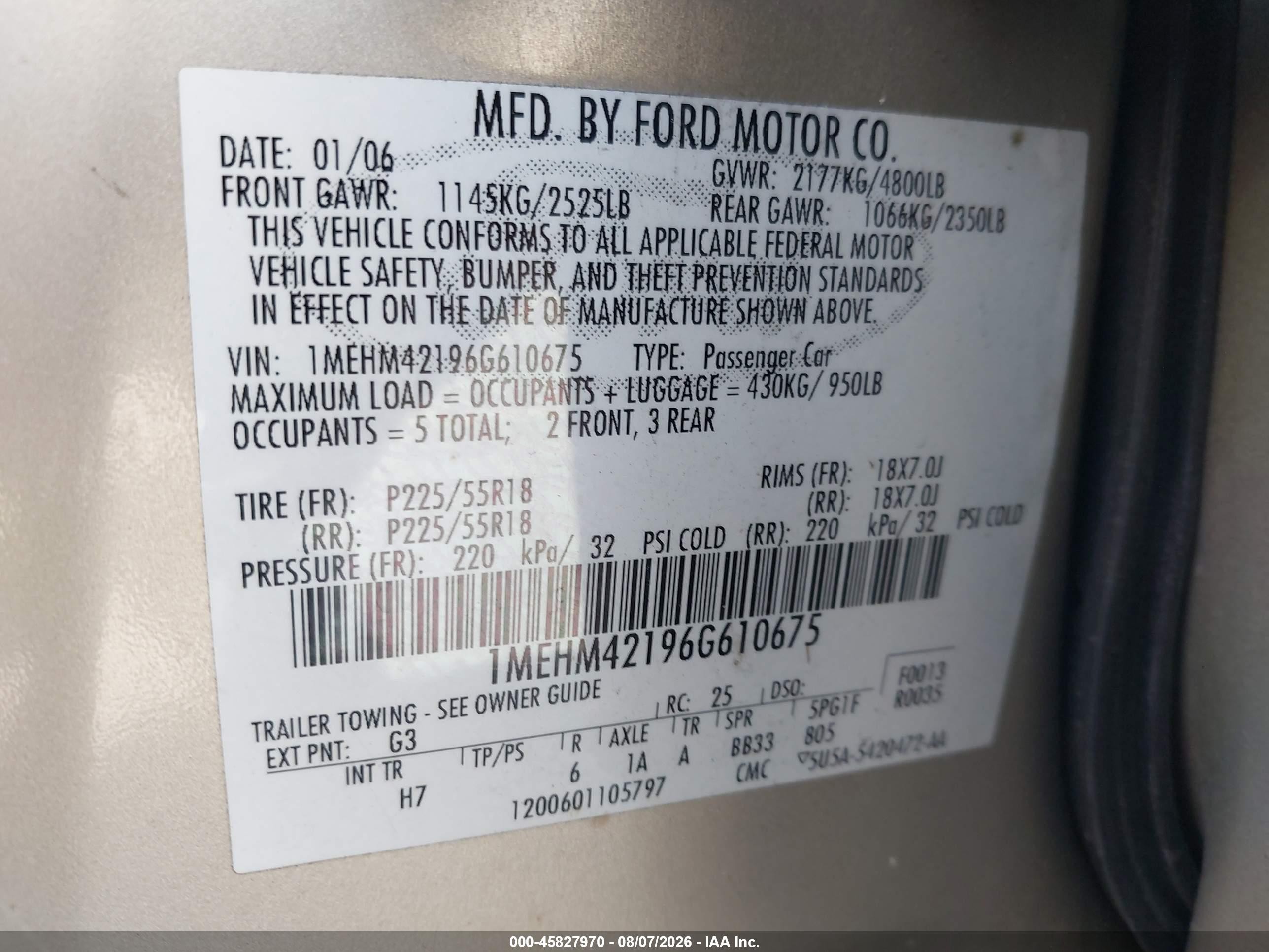 2006 Mercury Montego Premier Золотой vin: 1MEHM42196G610675