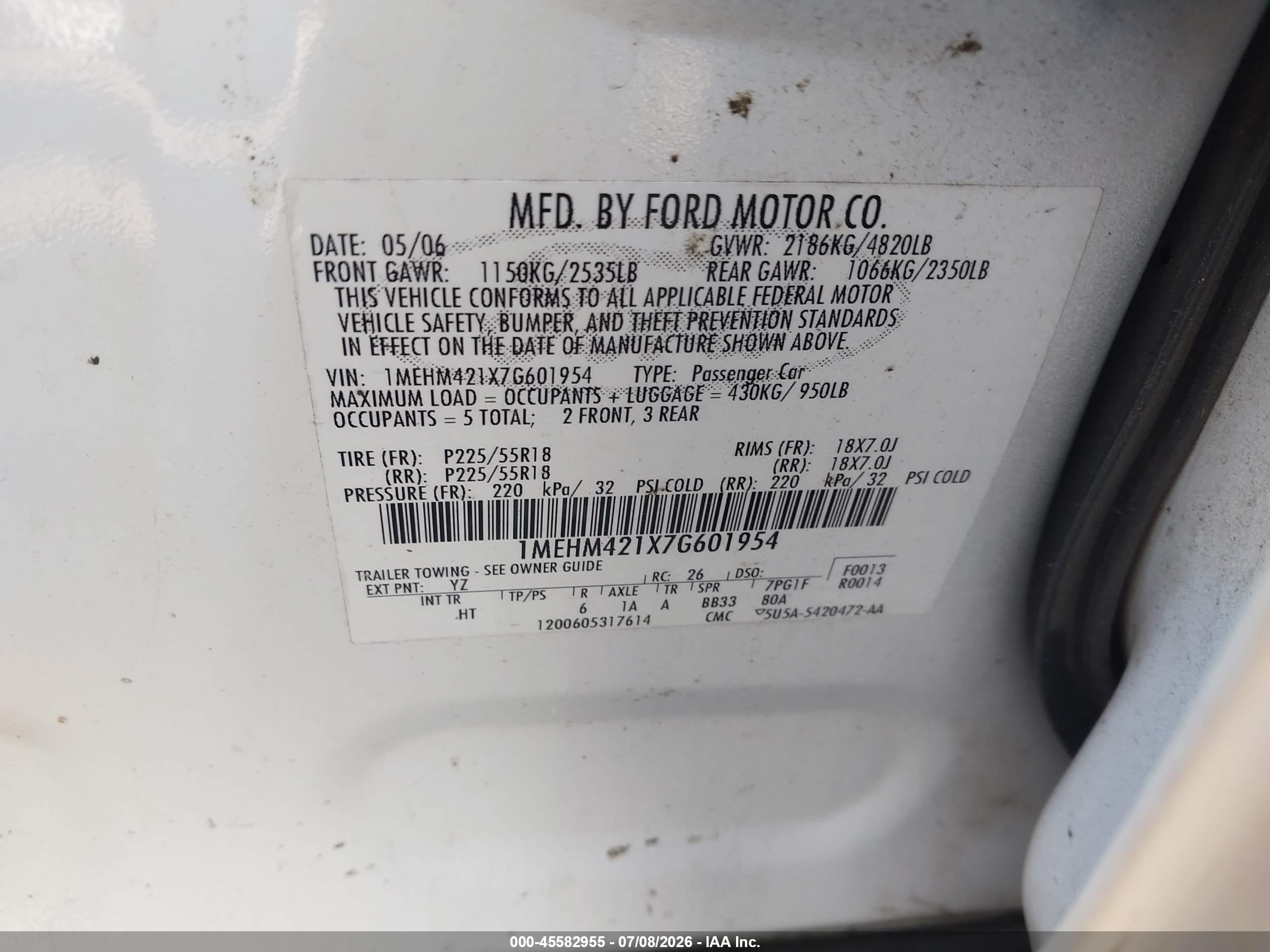 2007 Mercury Montego Premier White vin: 1MEHM421X7G601954