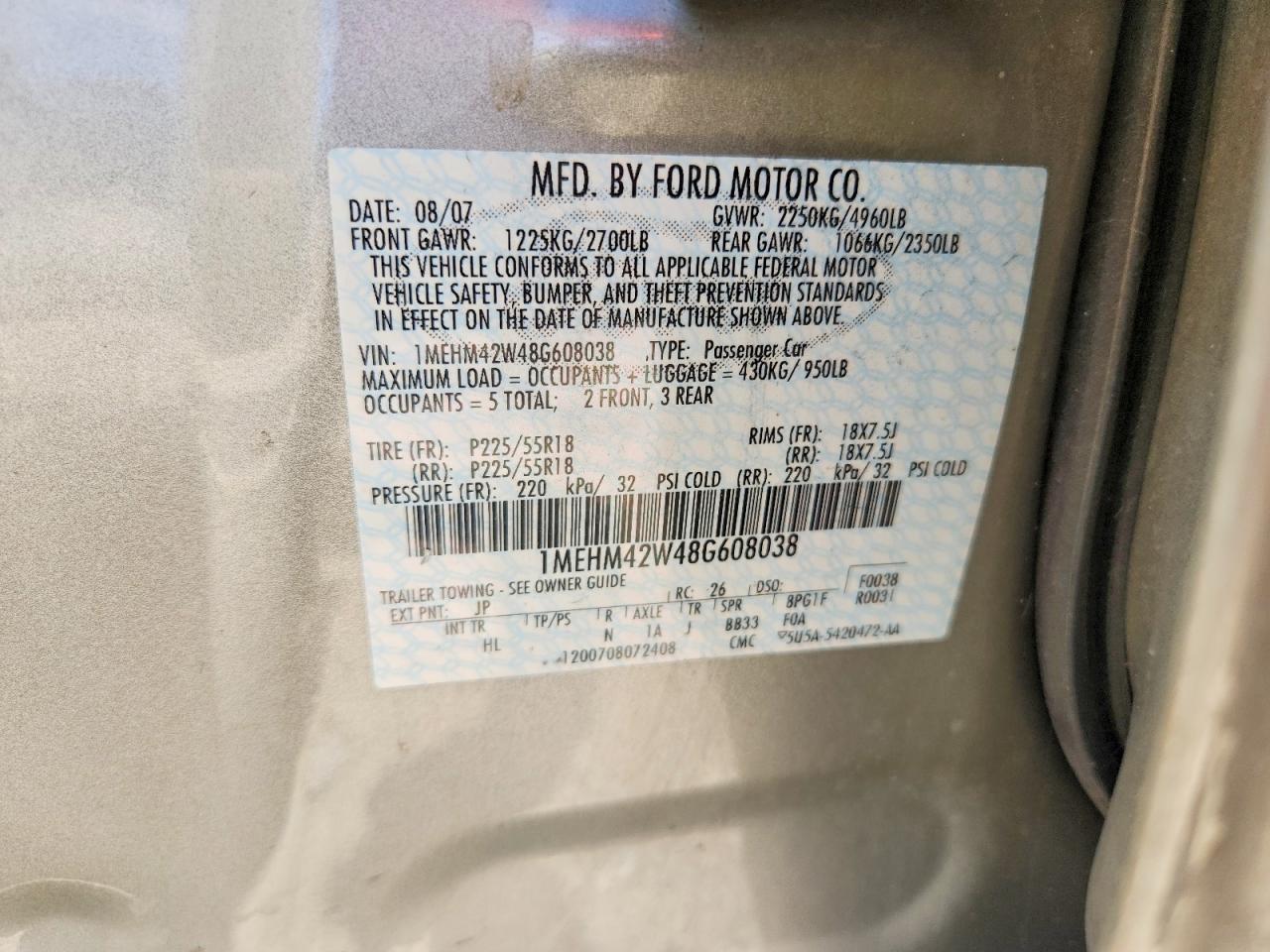 2008 Mercury Sable Premier Silver vin: 1MEHM42W48G608038