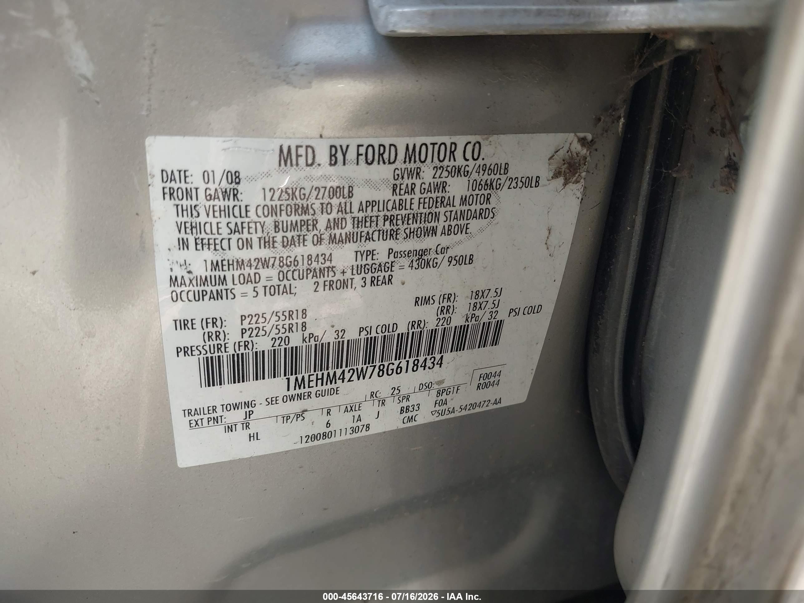 2008 Mercury Sable Premier Silver vin: 1MEHM42W78G618434