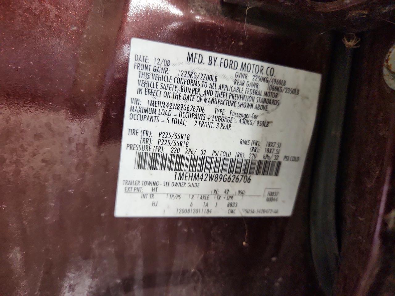 2009 Mercury Sable Premier Maroon vin: 1MEHM42W89G626706