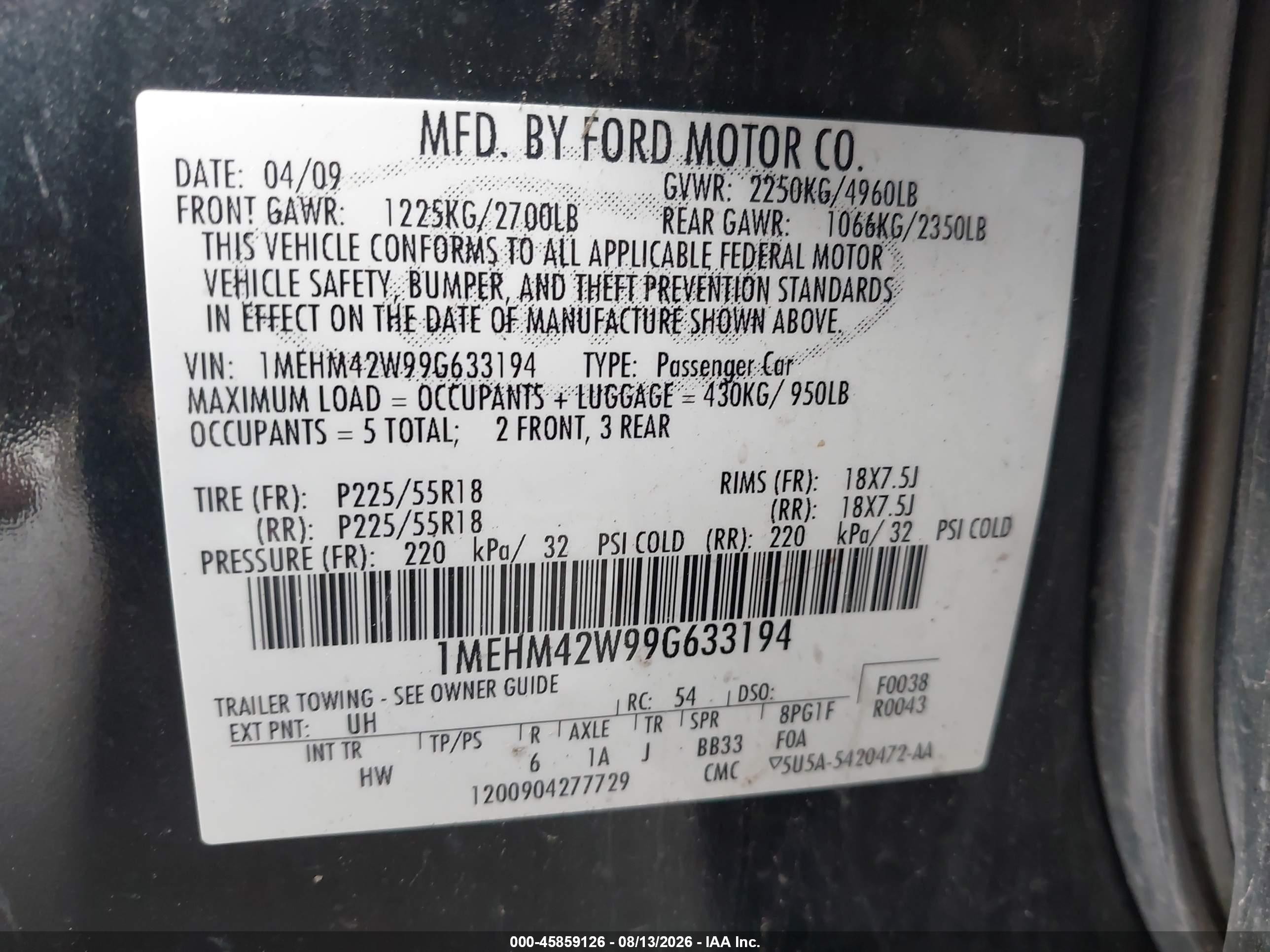 2009 Mercury Sable Premier Black vin: 1MEHM42W99G633194