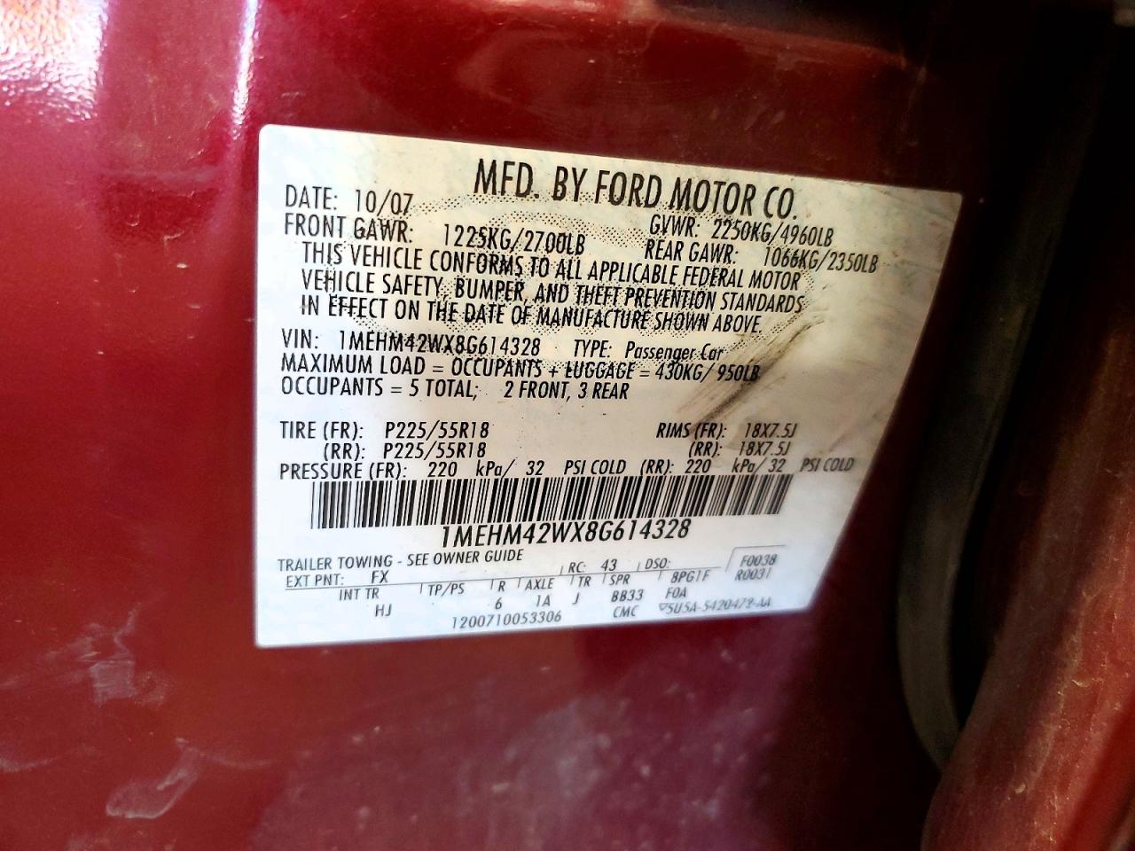 2008 Mercury Sable Premier Maroon vin: 1MEHM42WX8G614328