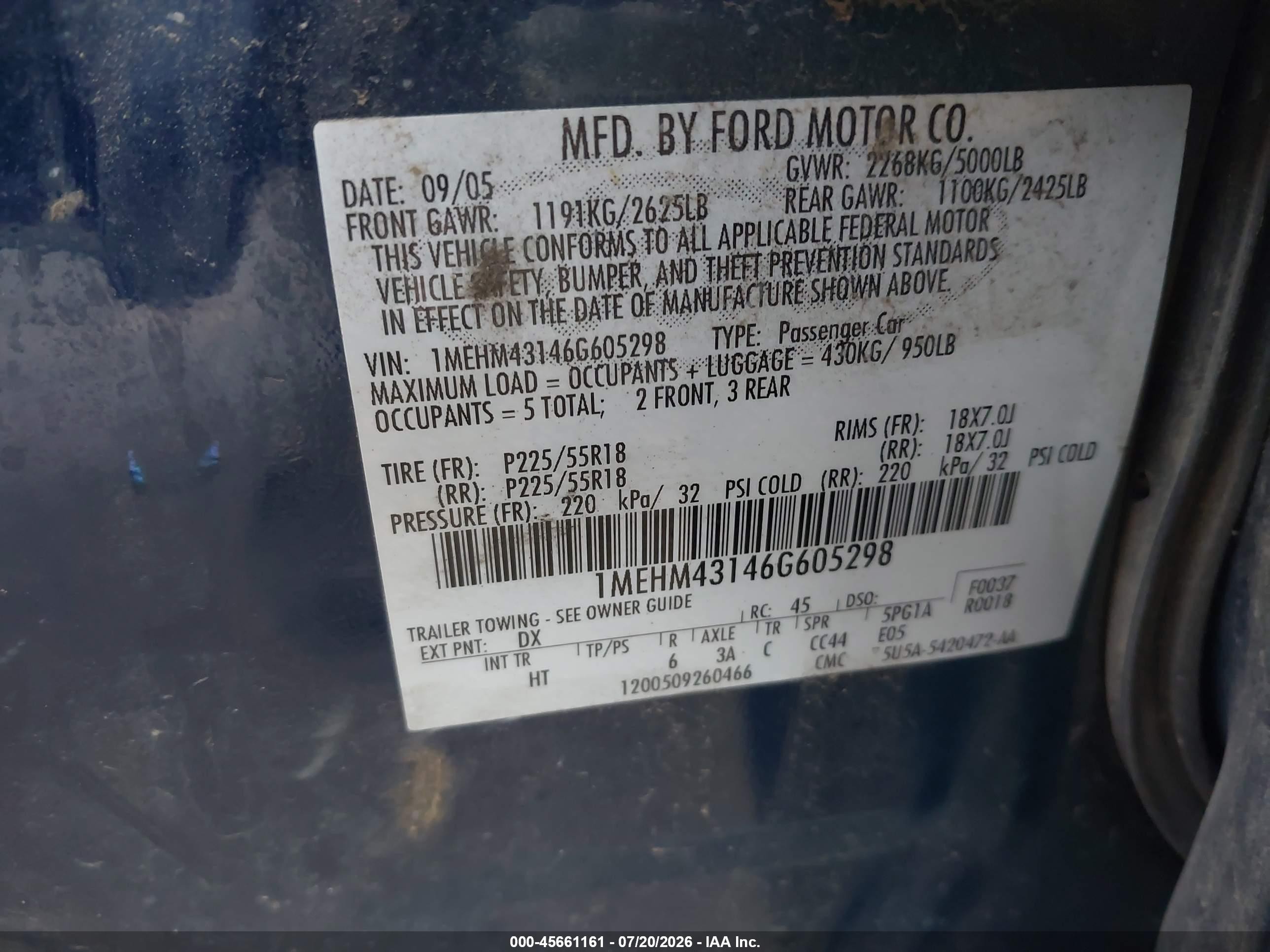 2006 Mercury Montego Premier Blue vin: 1MEHM43146G605298