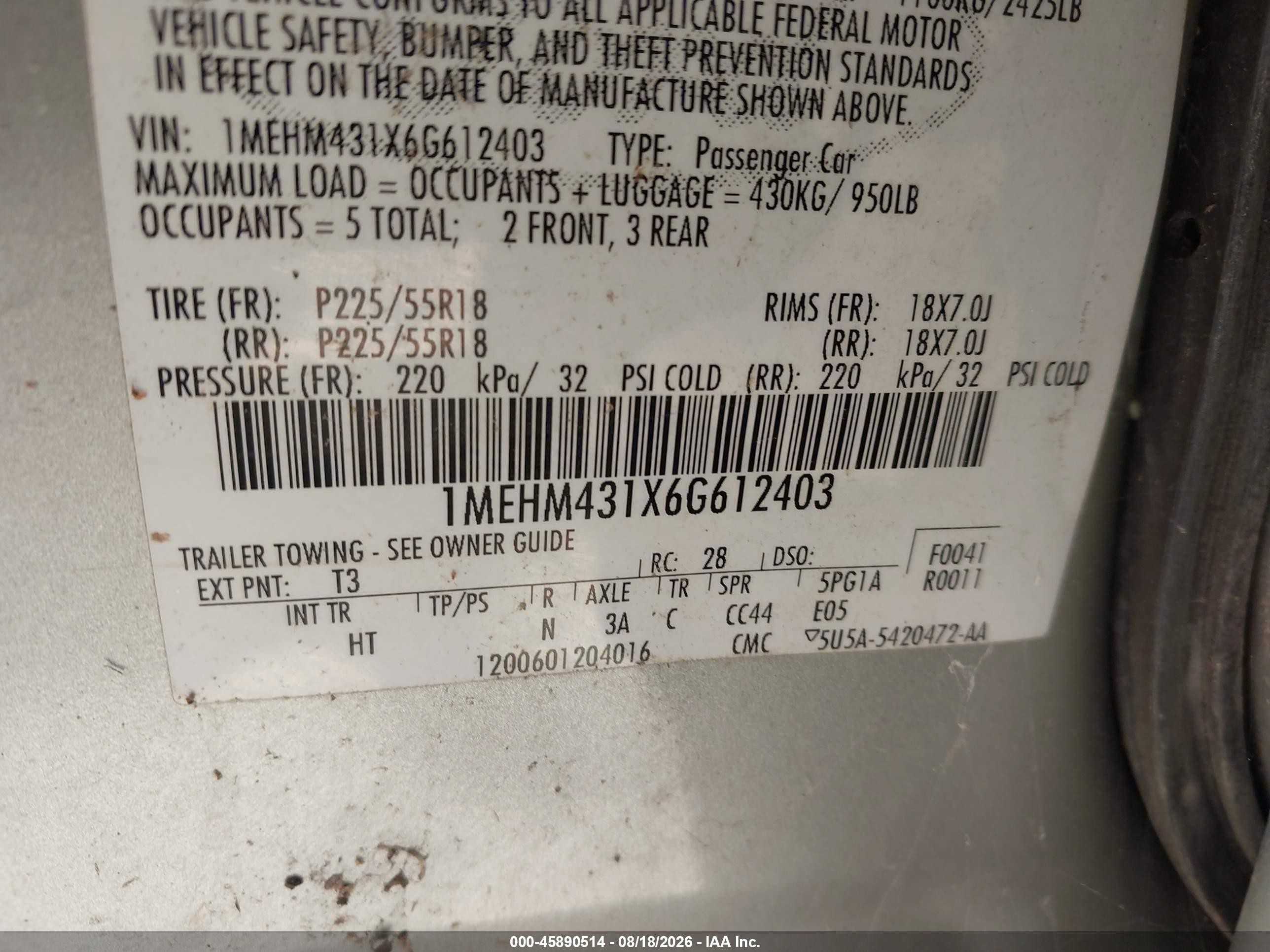 2006 Mercury Montego Premier Silver vin: 1MEHM431X6G612403