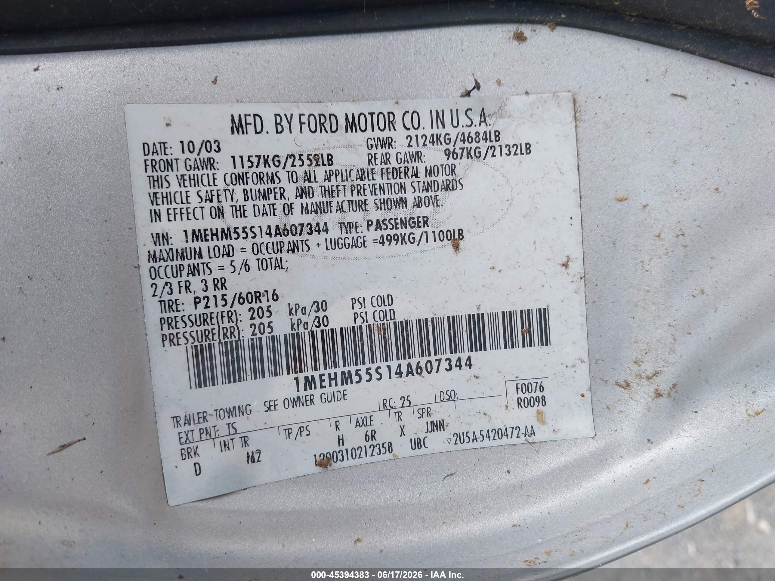 2004 Mercury Sable Ls Premium Silver vin: 1MEHM55S14A607344